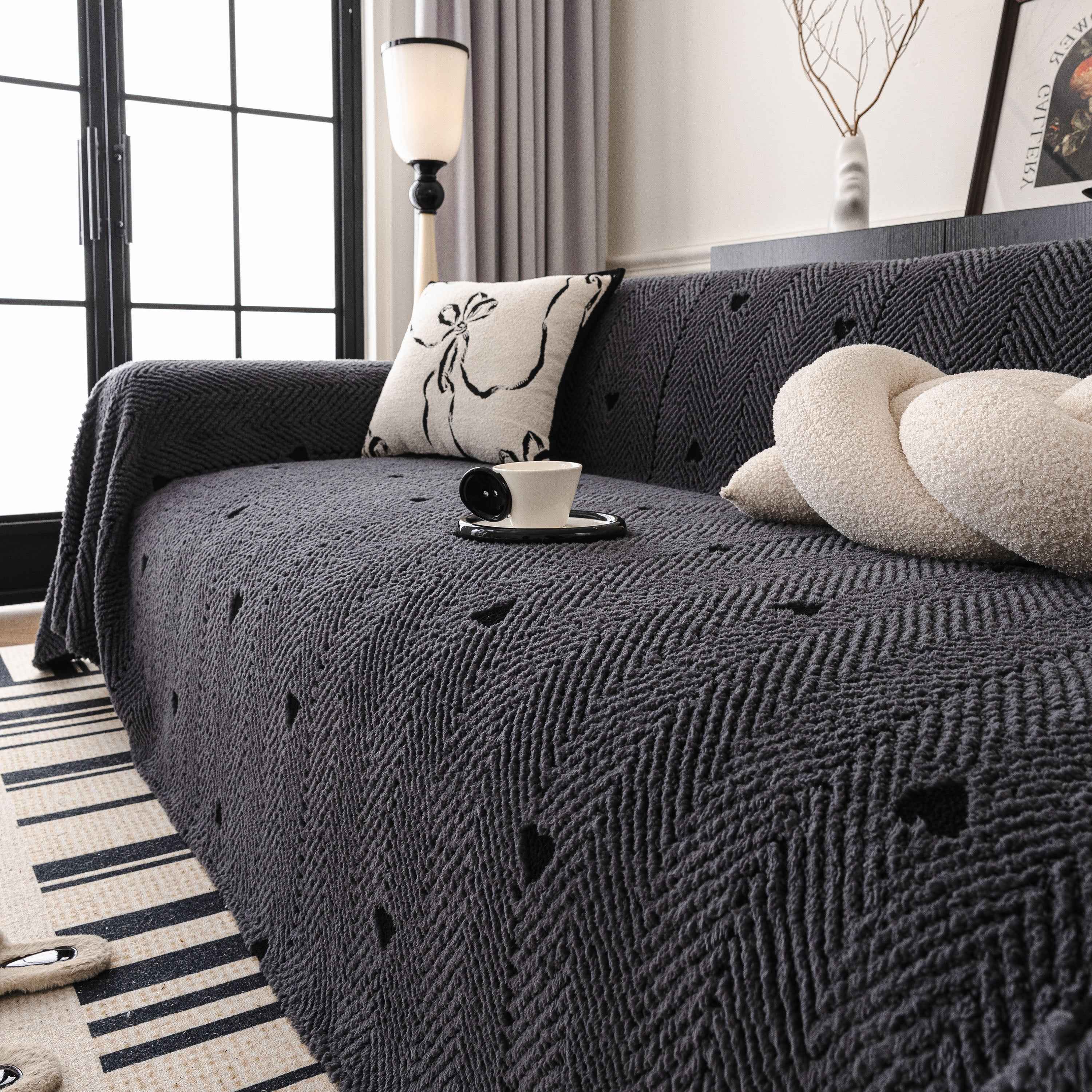 Thick Plush Sofa Cover Throw for Couch, 3D Textured Herringbone Washable Slipcover