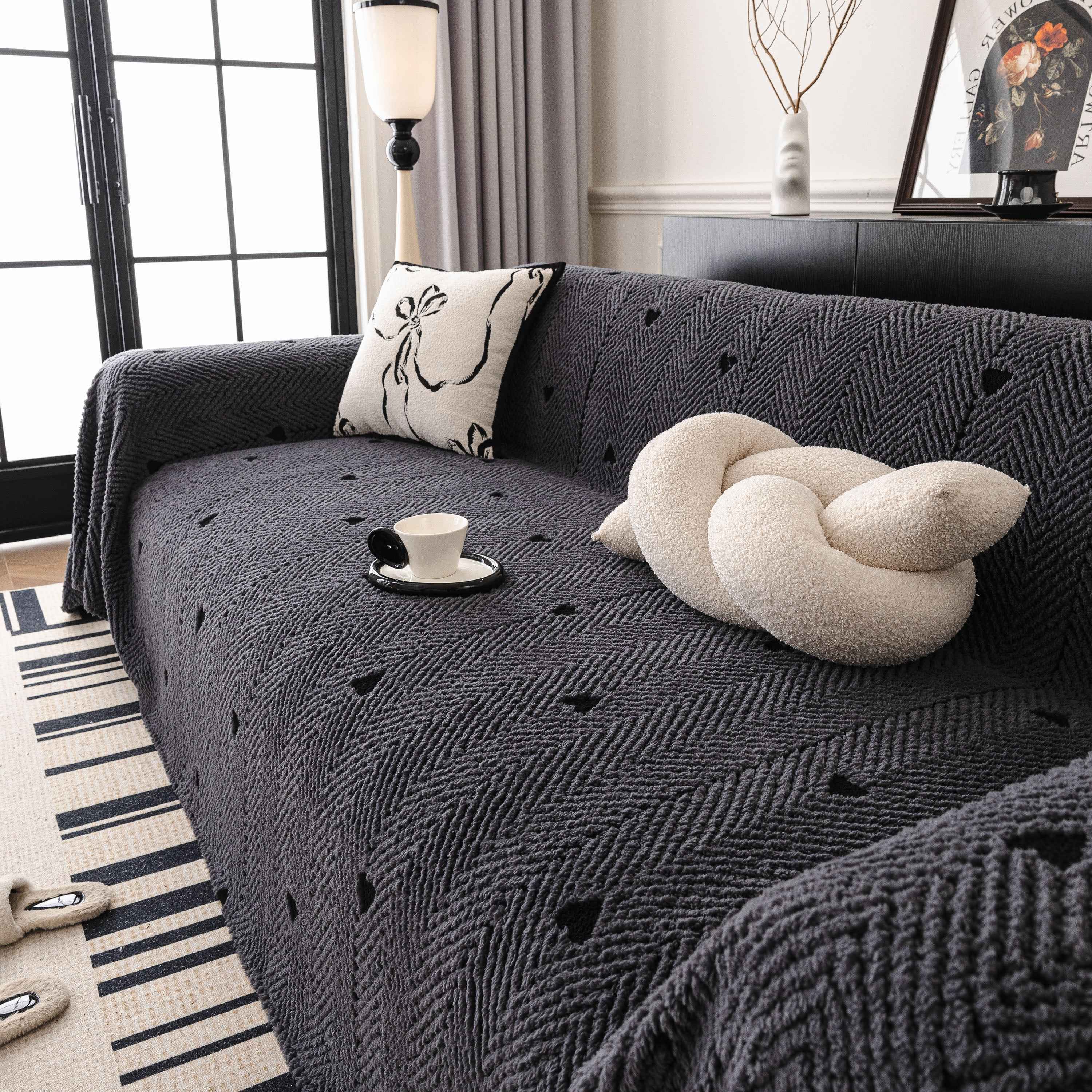 Thick Plush Sofa Cover Throw for Couch, 3D Textured Herringbone Washable Slipcover