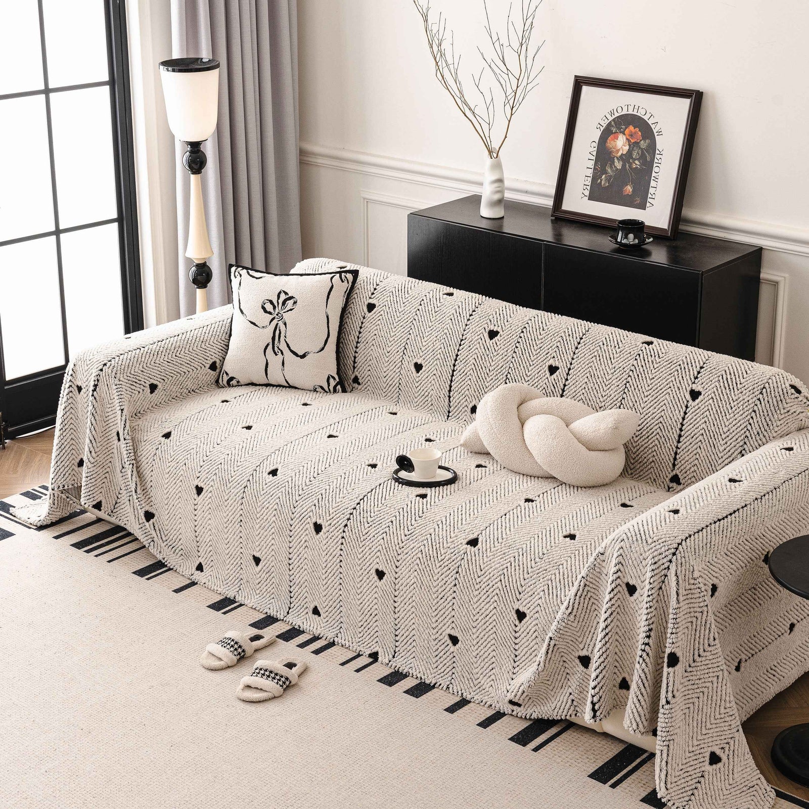 Thick Plush Sofa Cover Throw for Couch, 3D Textured Herringbone Washable Slipcover