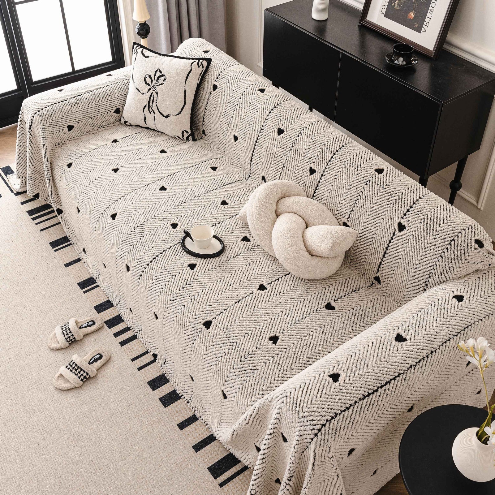 Thick Plush Sofa Cover Throw for Couch, 3D Textured Herringbone Washable Slipcover