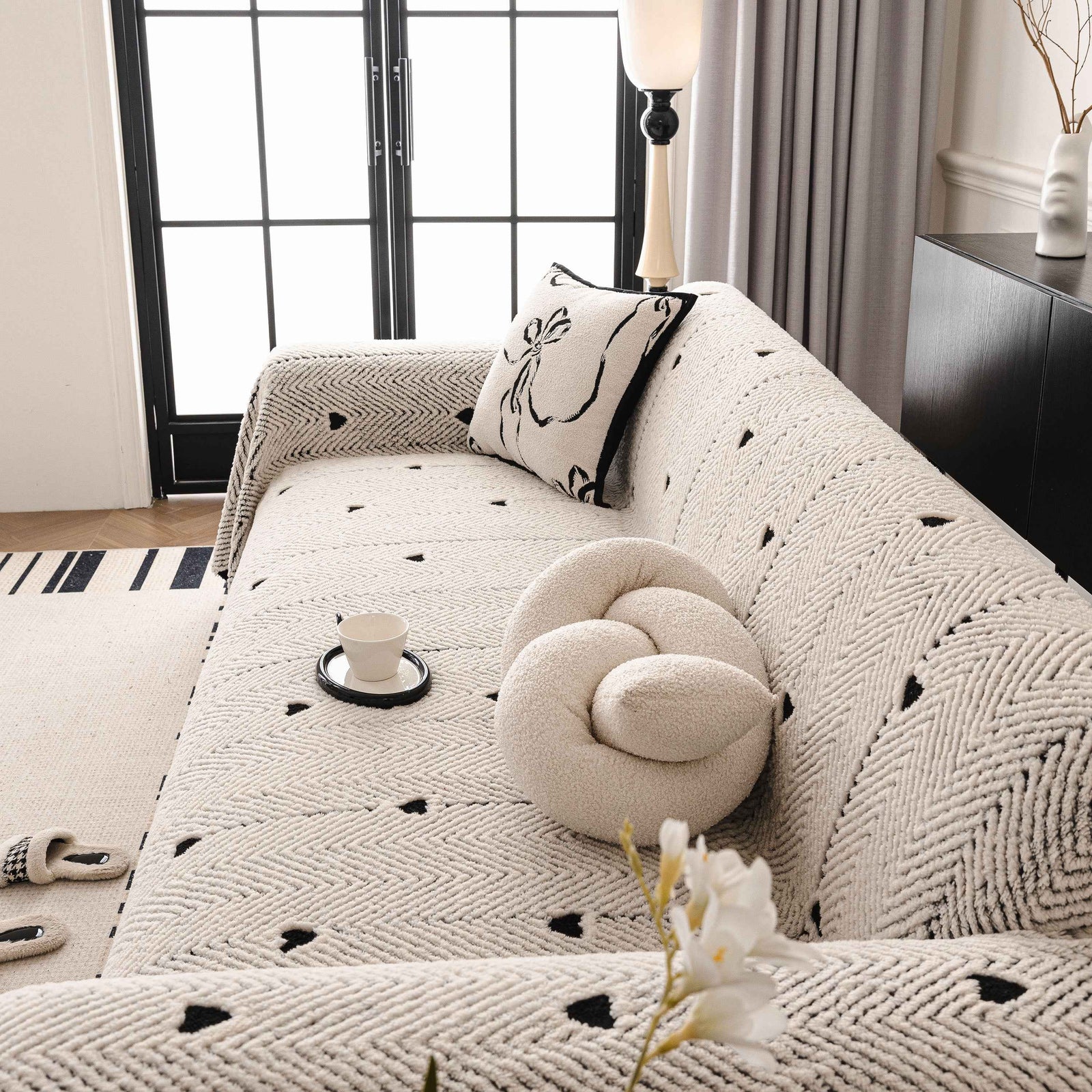 Thick Plush Sofa Cover Throw for Couch, 3D Textured Herringbone Washable Slipcover
