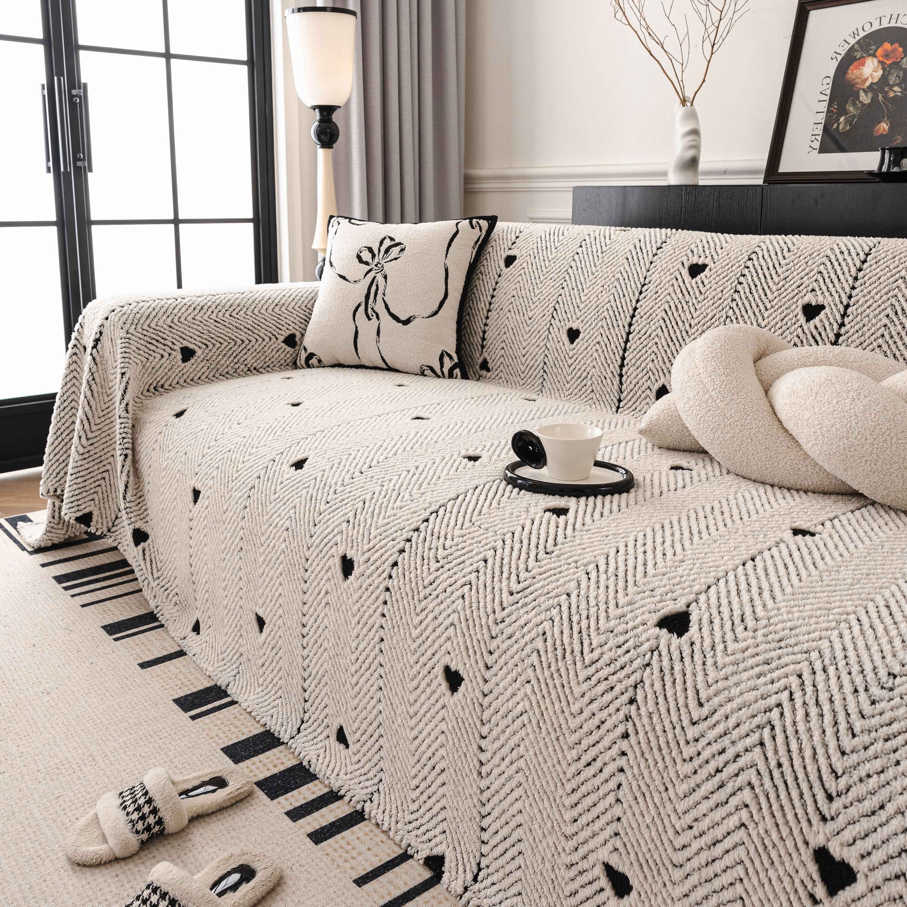 Thick Plush Sofa Cover Throw for Couch, 3D Textured Herringbone Washable Slipcover
