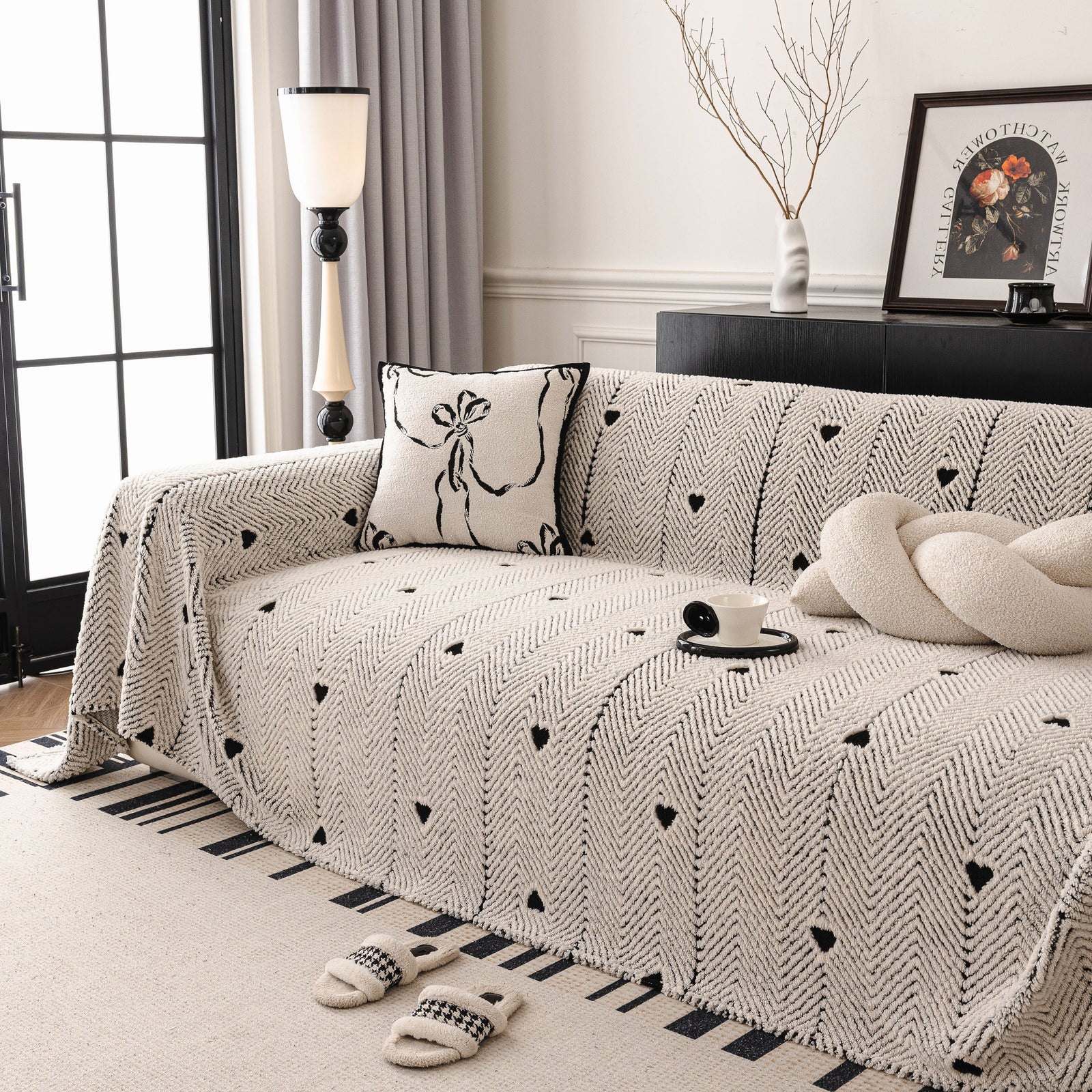 Thick Plush Sofa Cover Throw for Couch, 3D Textured Herringbone Washable Slipcover