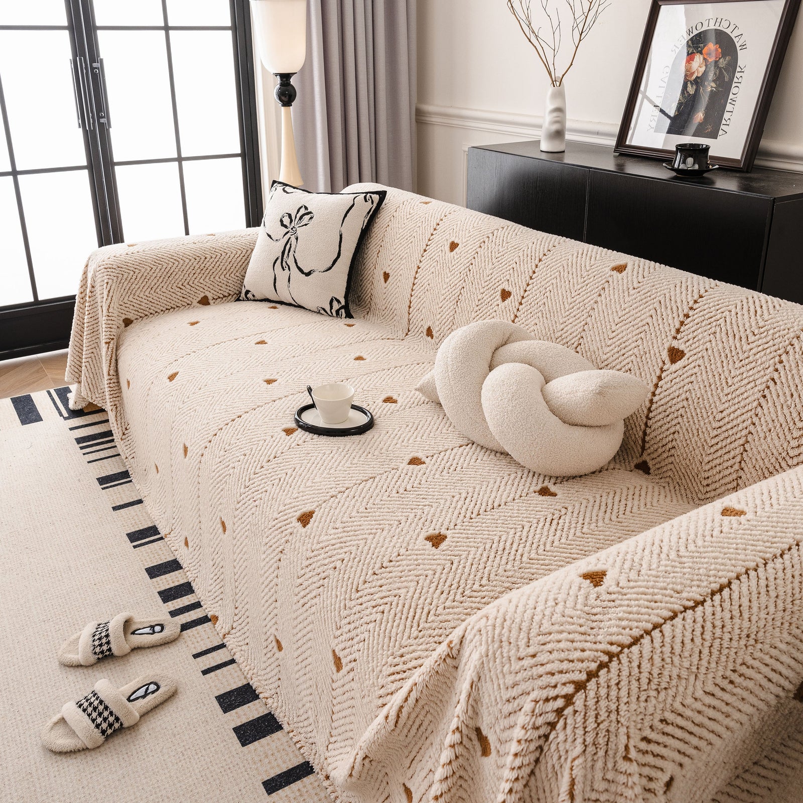 Thick Plush Sofa Cover Throw for Couch, 3D Textured Herringbone Washable Slipcover