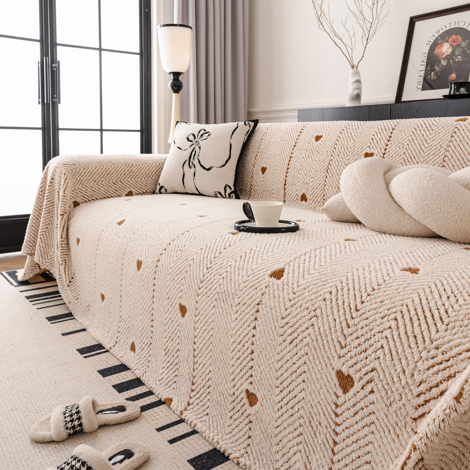 Thick Plush Sofa Cover Throw for Couch, 3D Textured Herringbone Washable Slipcover