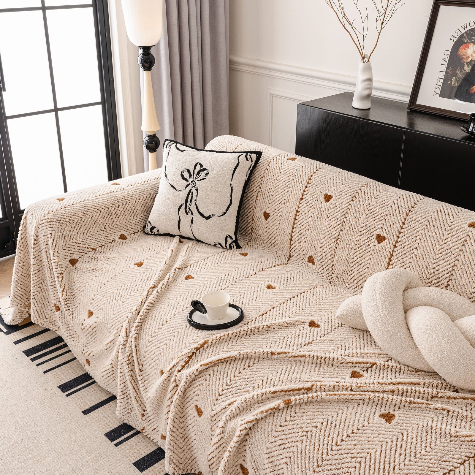 Thick Plush Sofa Cover Throw for Couch, 3D Textured Herringbone Washable Slipcover