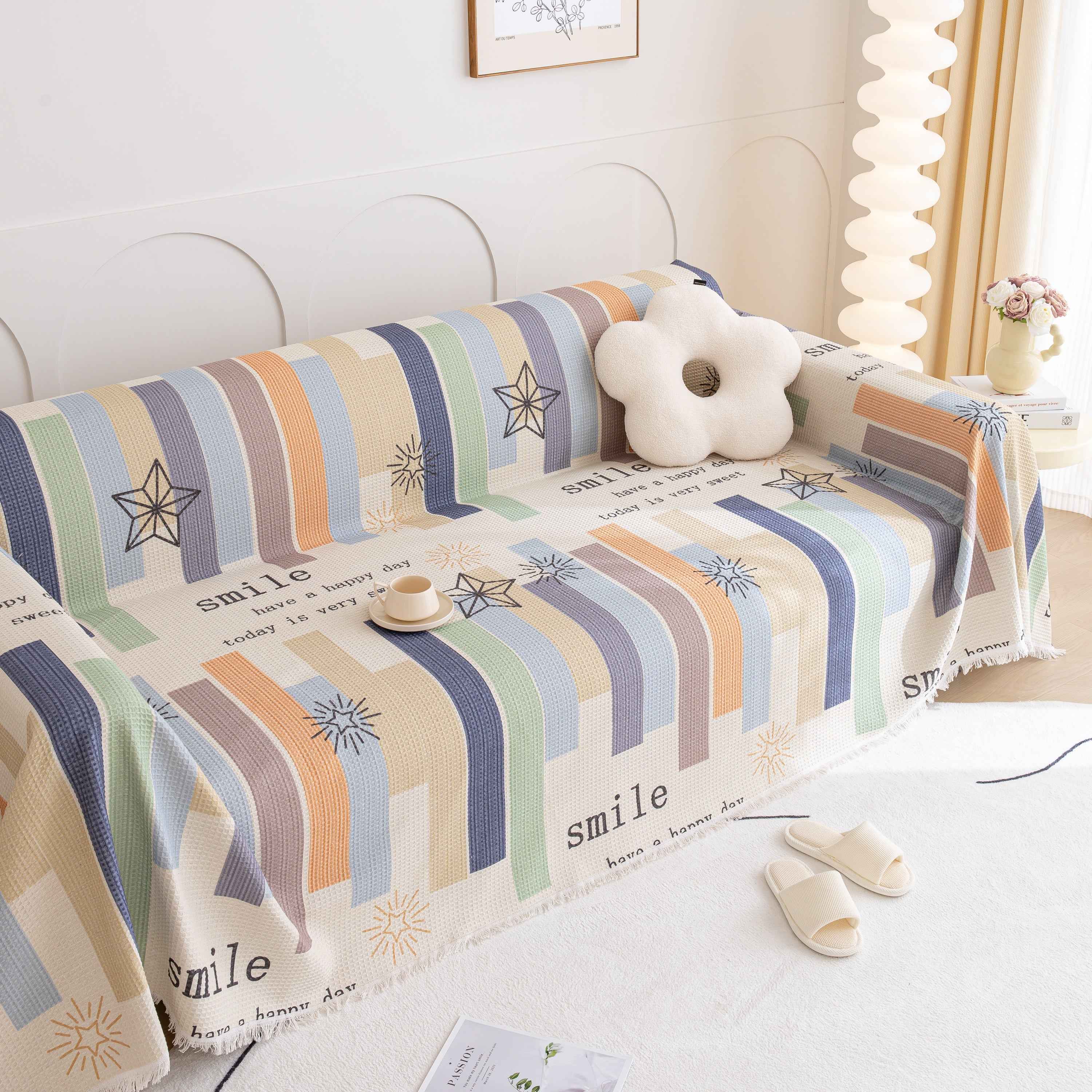 Chenille Sofa Cover Throw, Smile Couch Cover Blanket Throws for Couches, Soft Sofa Towel