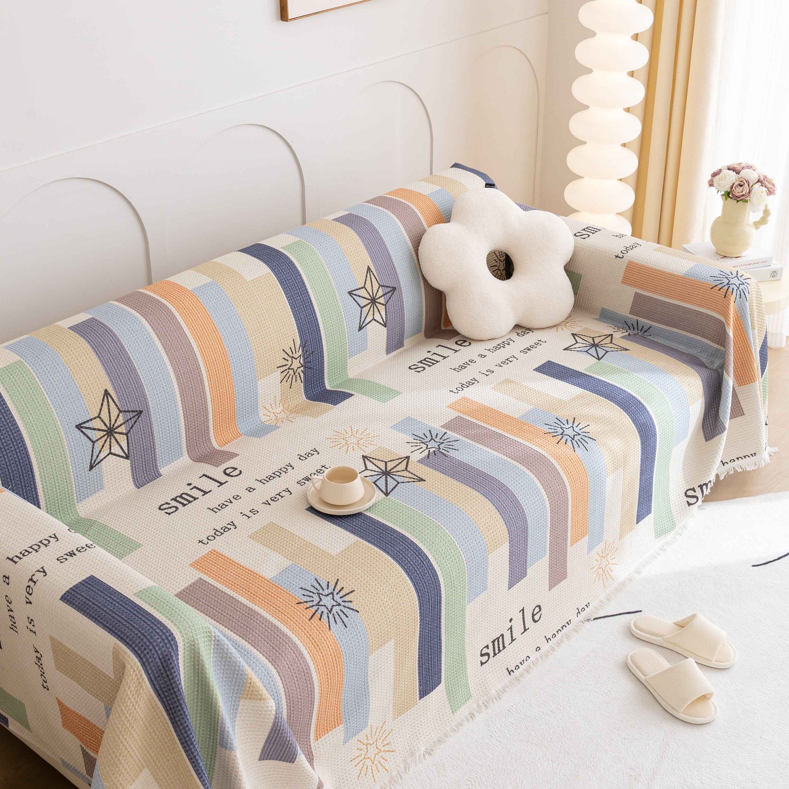 Chenille Sofa Cover Throw, Smile Couch Cover Blanket Throws for Couches, Soft Sofa Towel