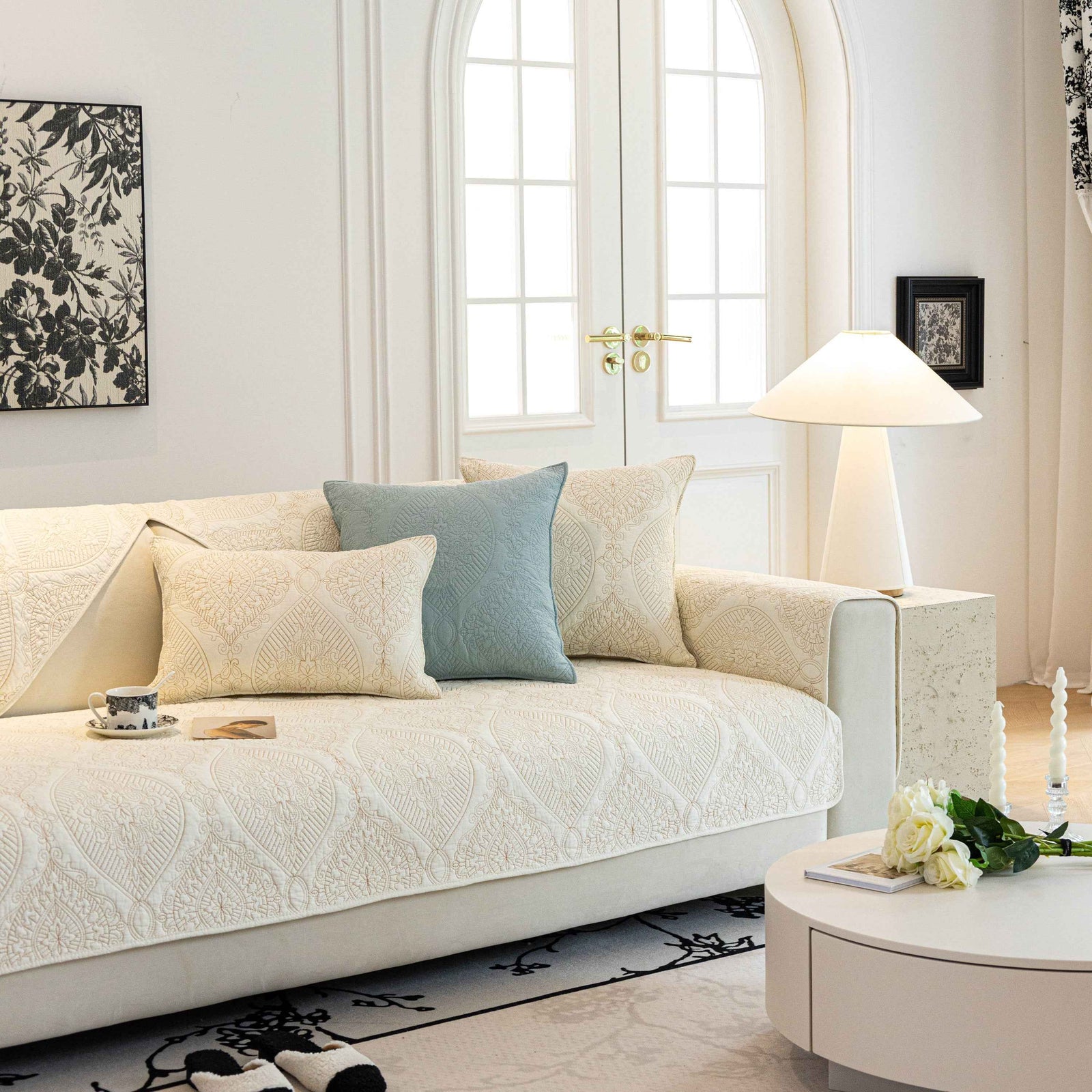 Baroque Sofa Cover – Quilted Cotton, Non-Slip, Washable with Ornate Embroidery