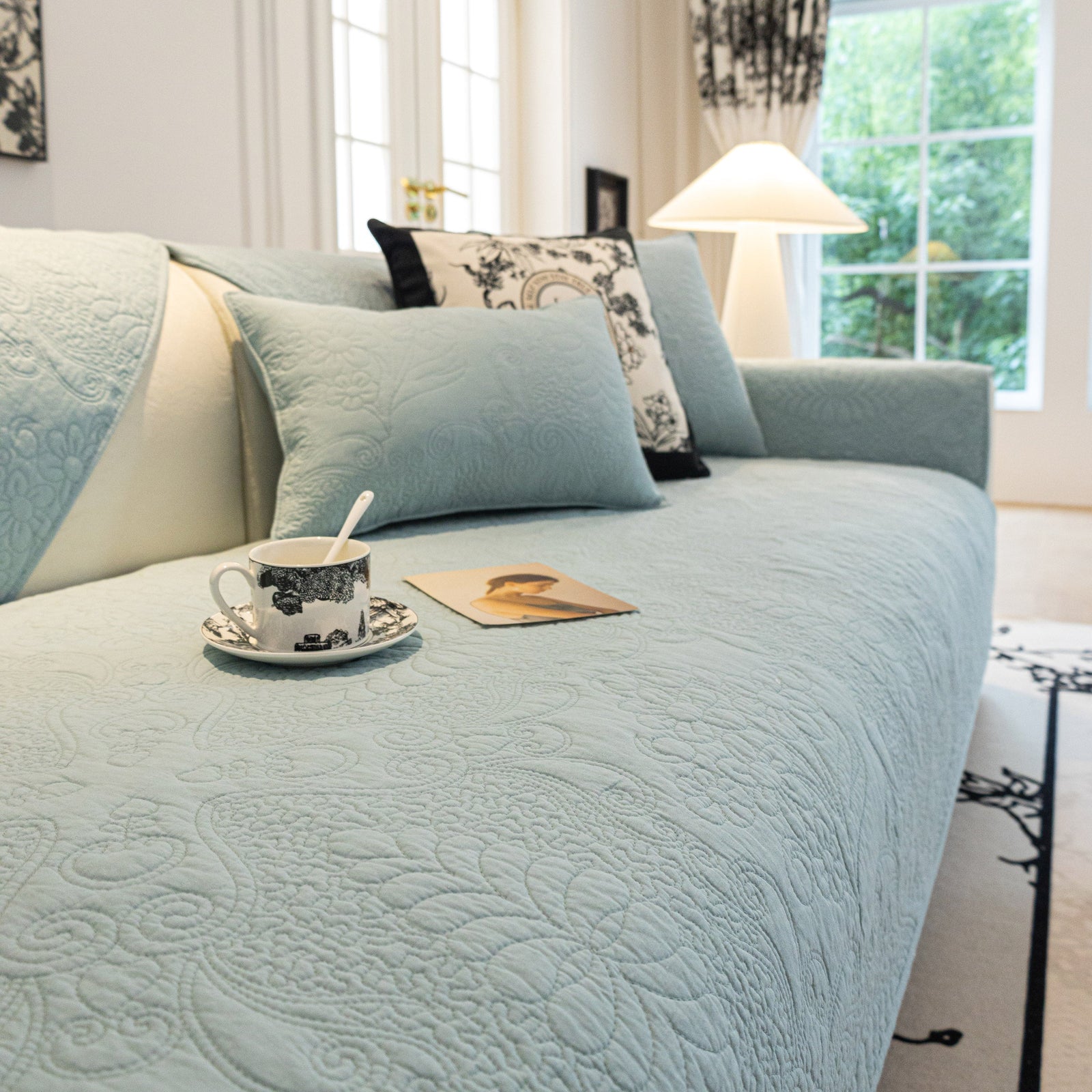Baroque Floral Quilted Cotton Sofa Cover, Non-Slip Washable Couch Protector