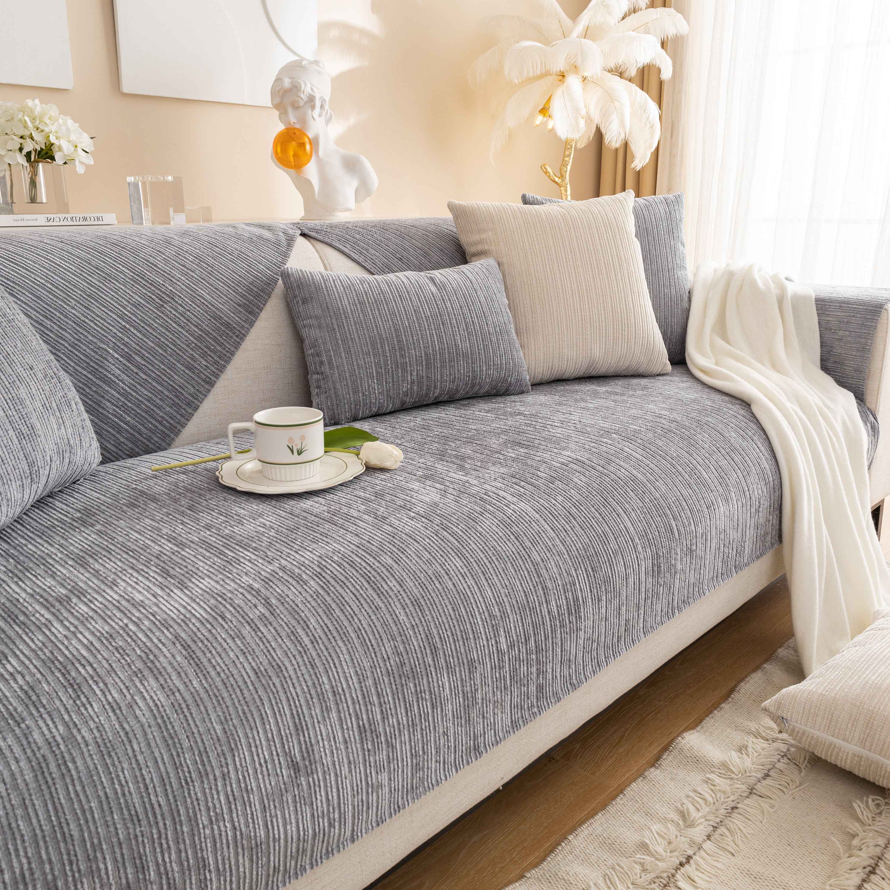 Plush Solid Color Striped L-Shaped Sofa Slipcovers, Washable Non-Slip Textured Furniture Covers
