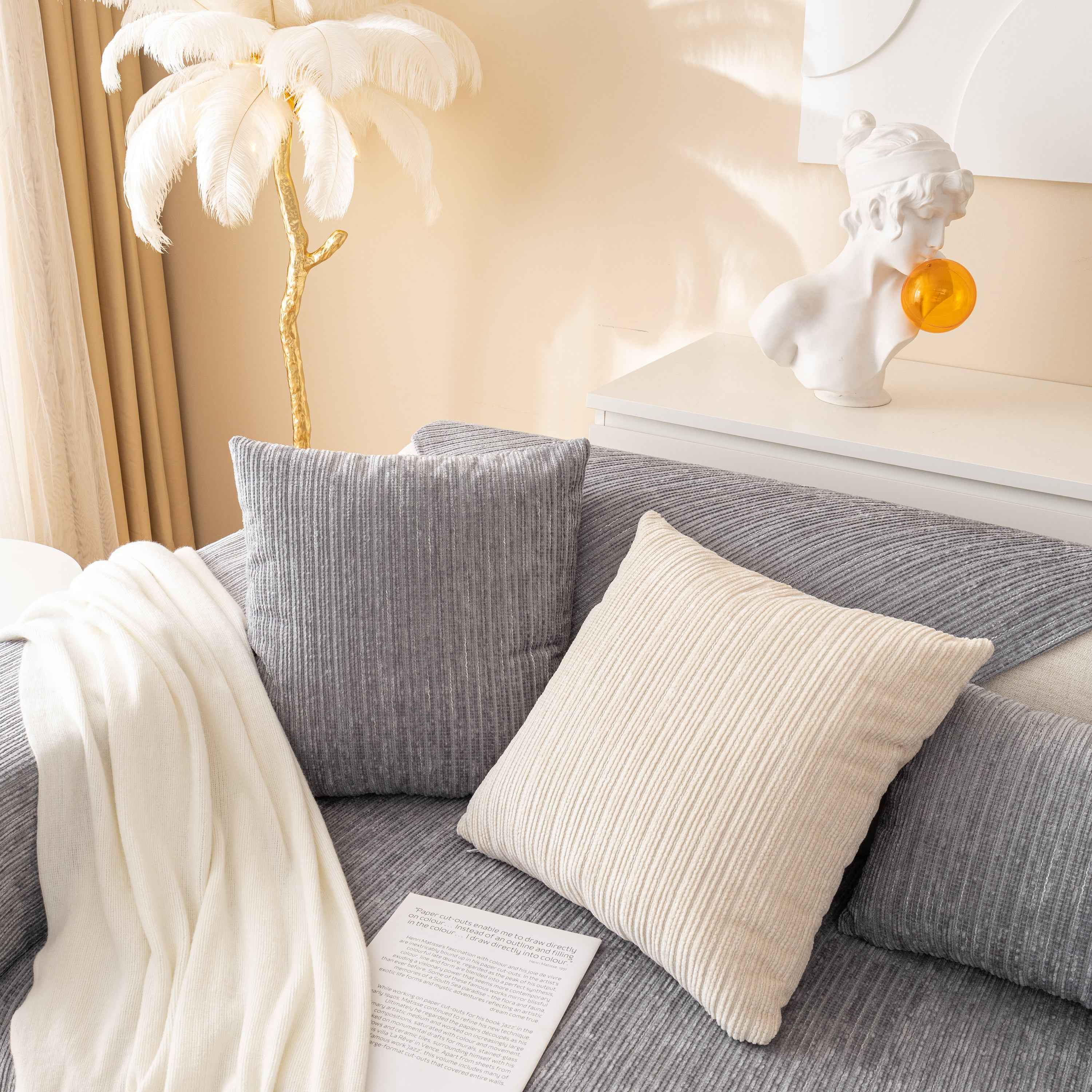 Plush Solid Color Striped L-Shaped Sofa Slipcovers, Washable Non-Slip Textured Furniture Covers
