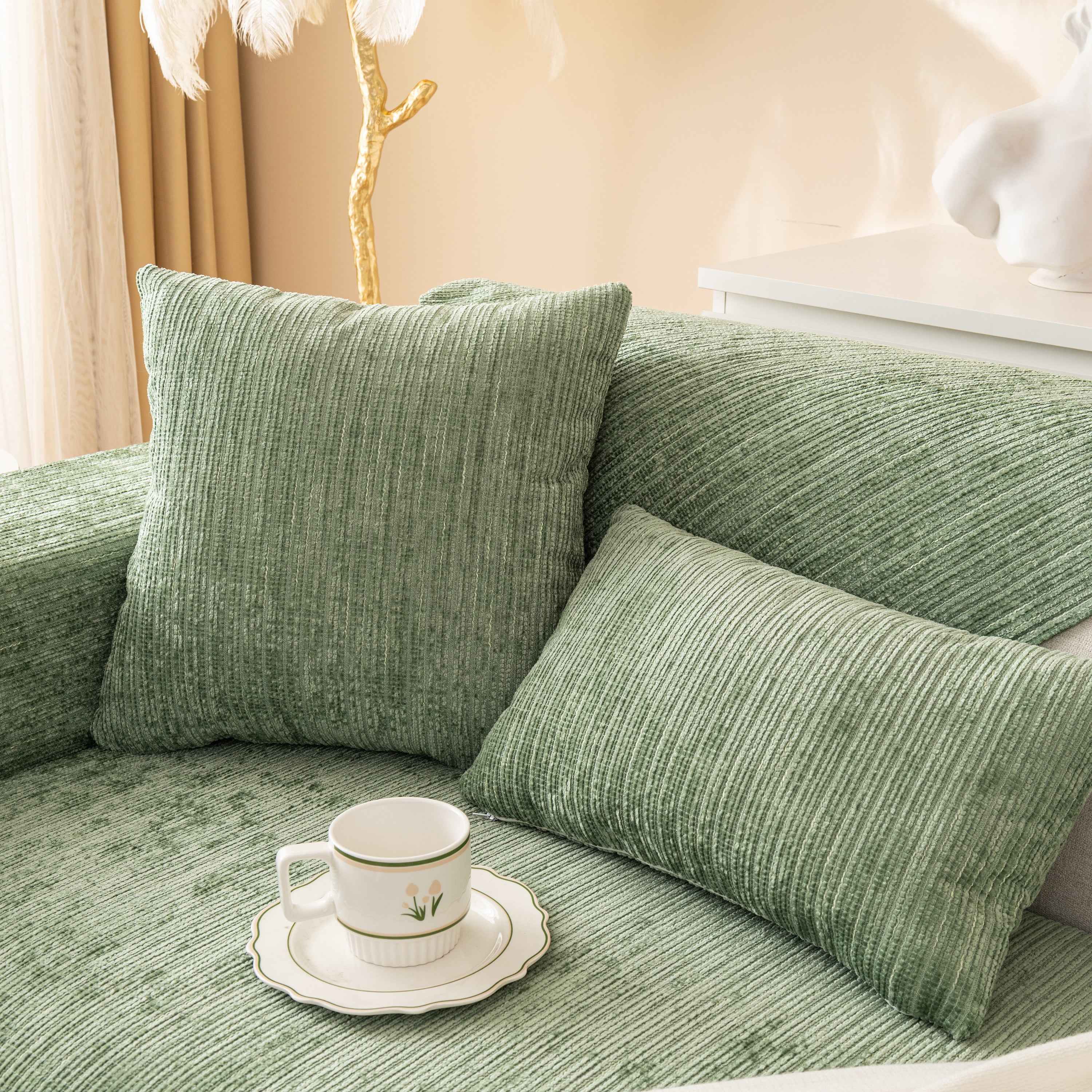 Plush Solid Color Striped L-Shaped Sofa Slipcovers, Washable Non-Slip Textured Furniture Covers
