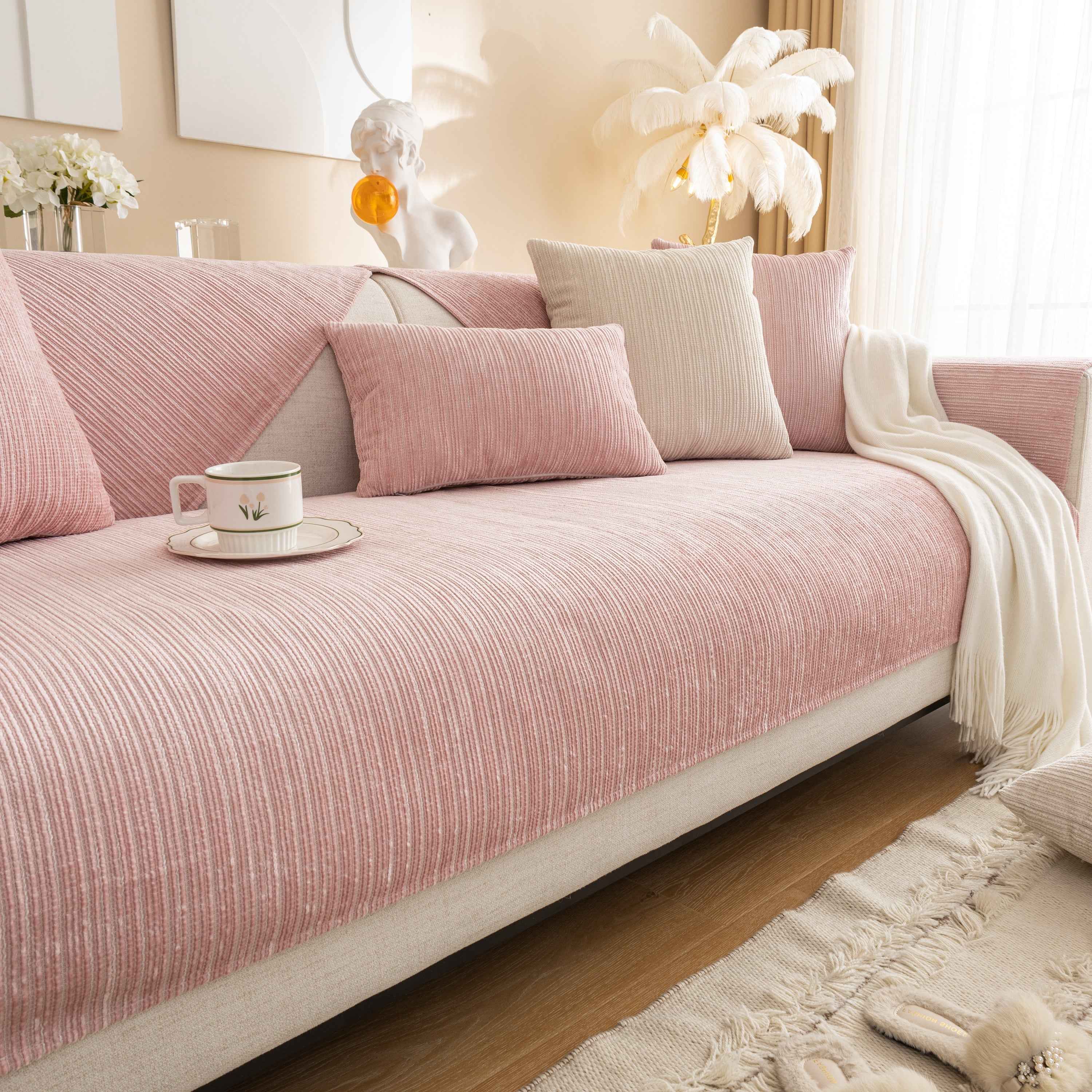 Plush Solid Color Striped L-Shaped Sofa Slipcovers, Washable Non-Slip Textured Furniture Covers