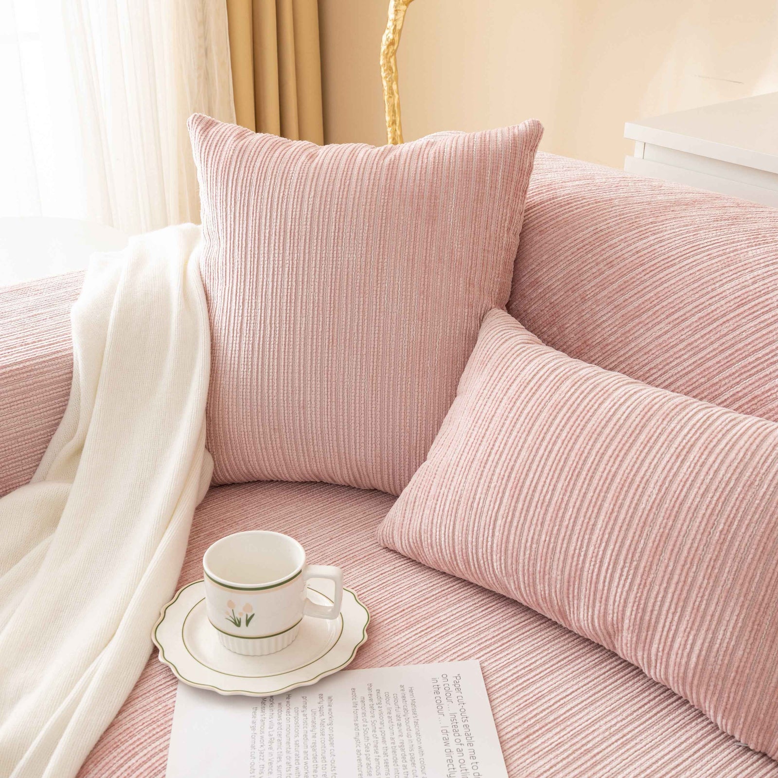 Plush Solid Color Striped L-Shaped Sofa Slipcovers, Washable Non-Slip Textured Furniture Covers