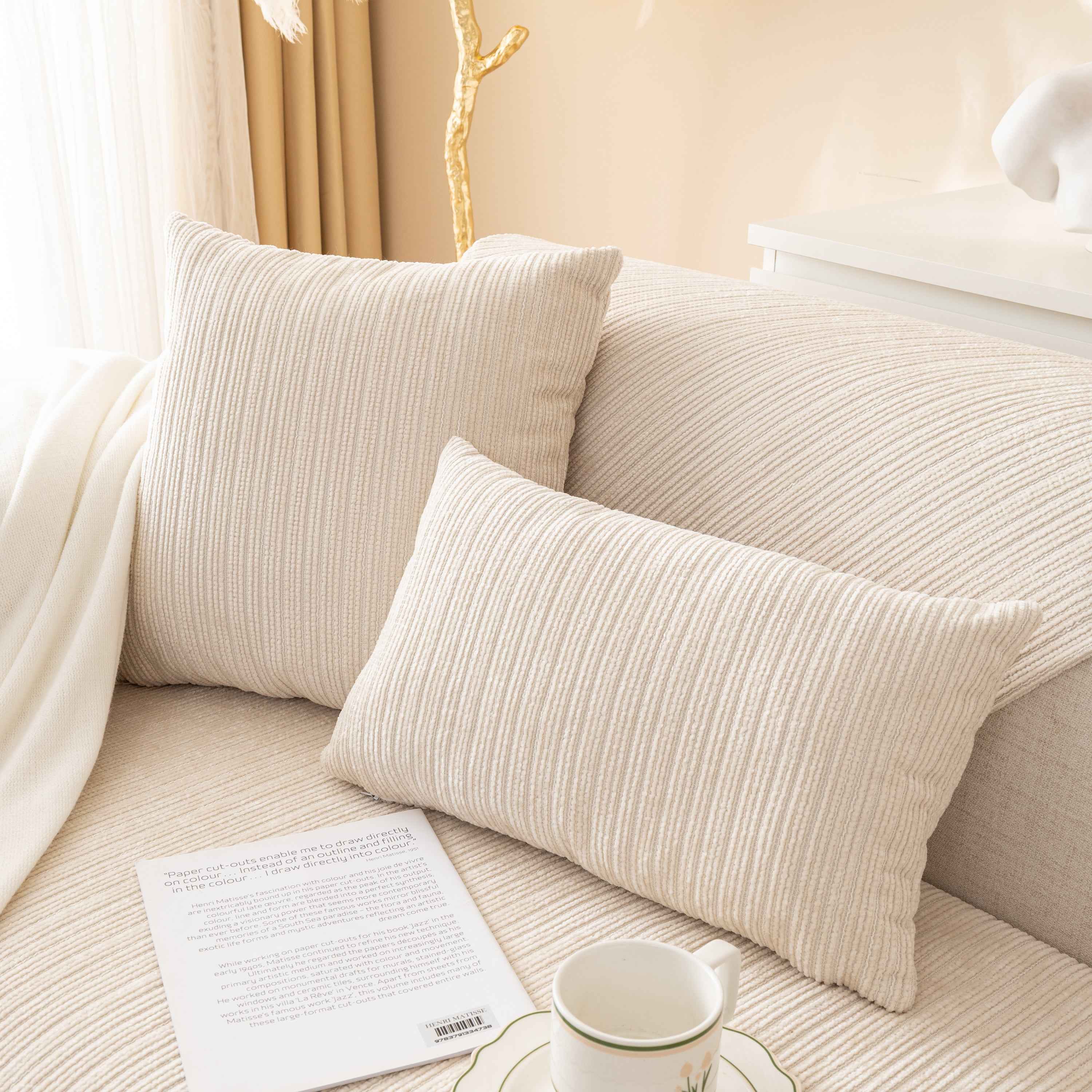 Plush Solid Color Striped L-Shaped Sofa Slipcovers, Washable Non-Slip Textured Furniture Covers