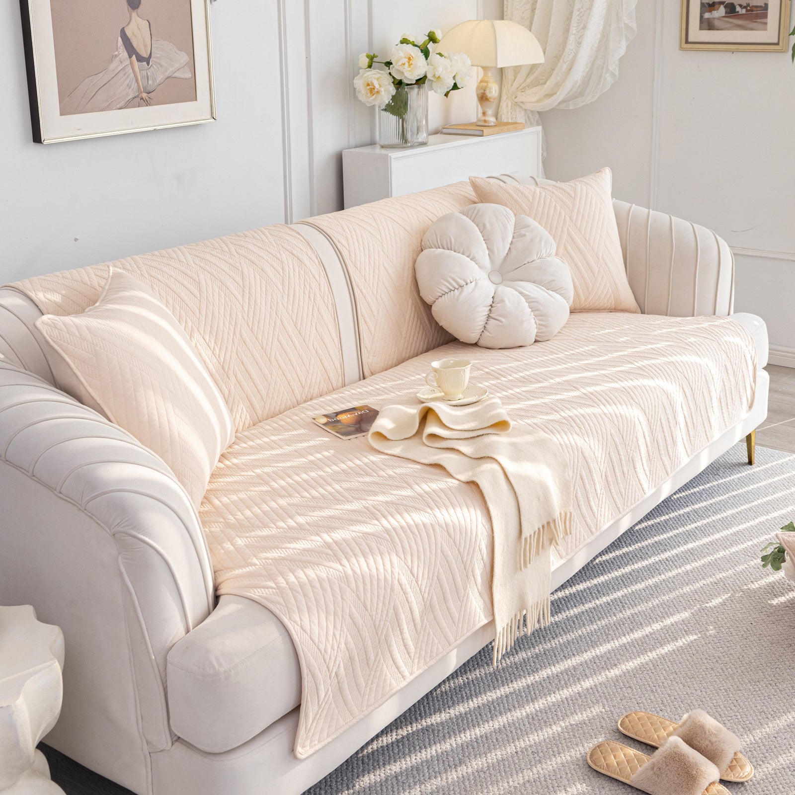 Quilted Geometric Cotton Sofa Cover, Non-Slip & Thick Padded Furniture Covers