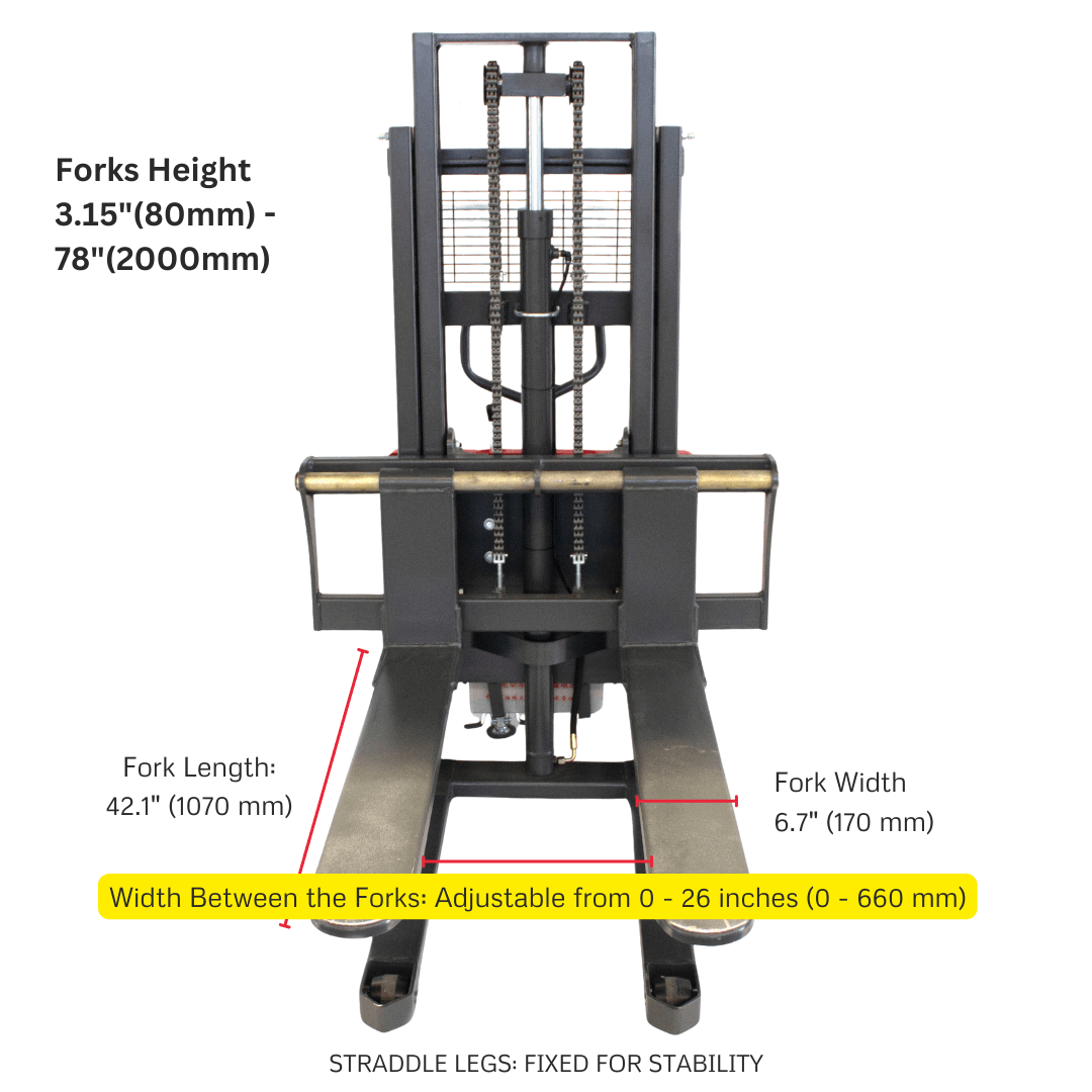 PS3300SE-2M Semi-Electric Pallet Stacker, 3300 lbs Capacity, 78" Lifting Height