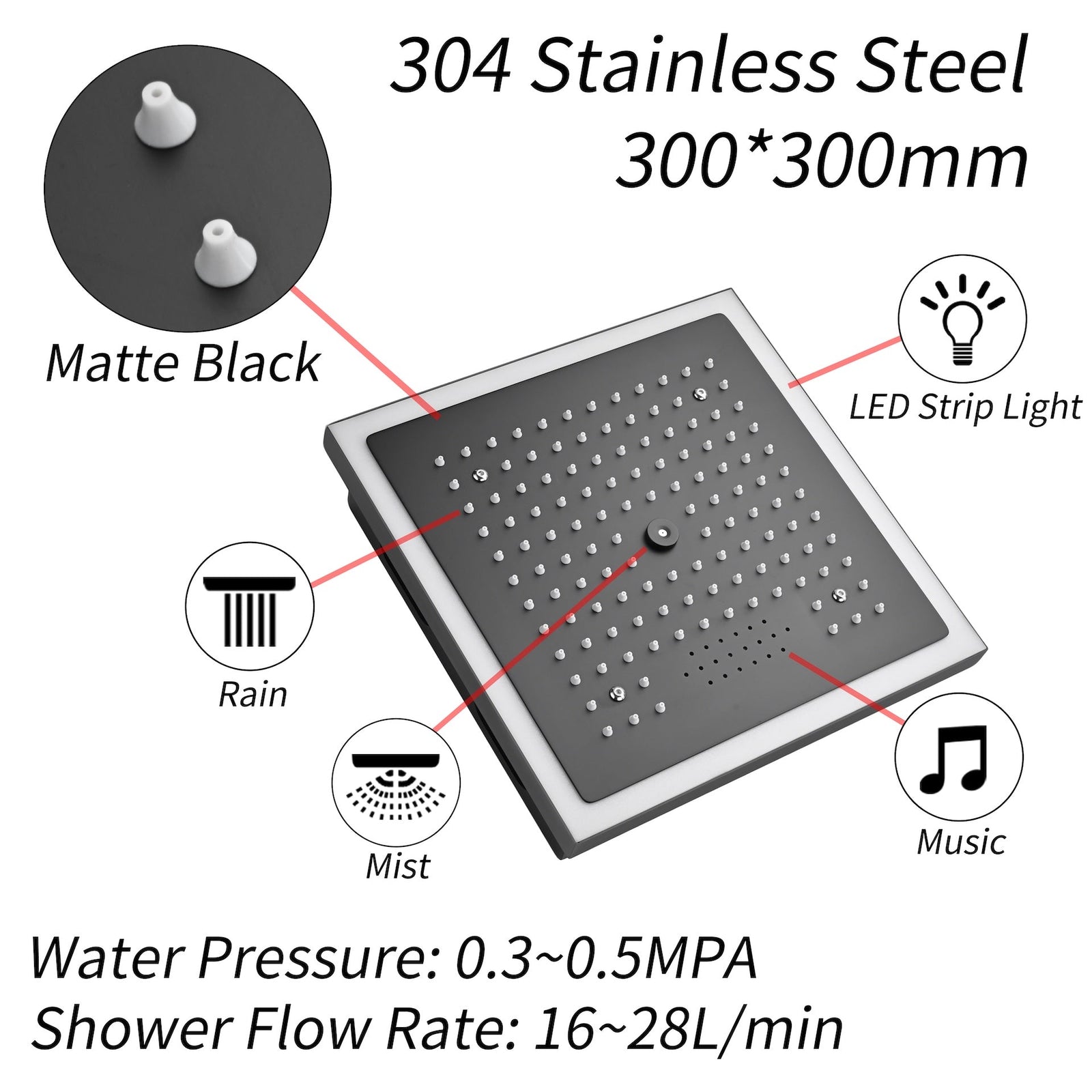 12-Inch Matte Black Flush Mount Shower Faucet Set with Digital Display: 4-Way Thermostatic Control, 64-Color LED Lights, Bluetooth Music, Body Sprayers and Regular Head