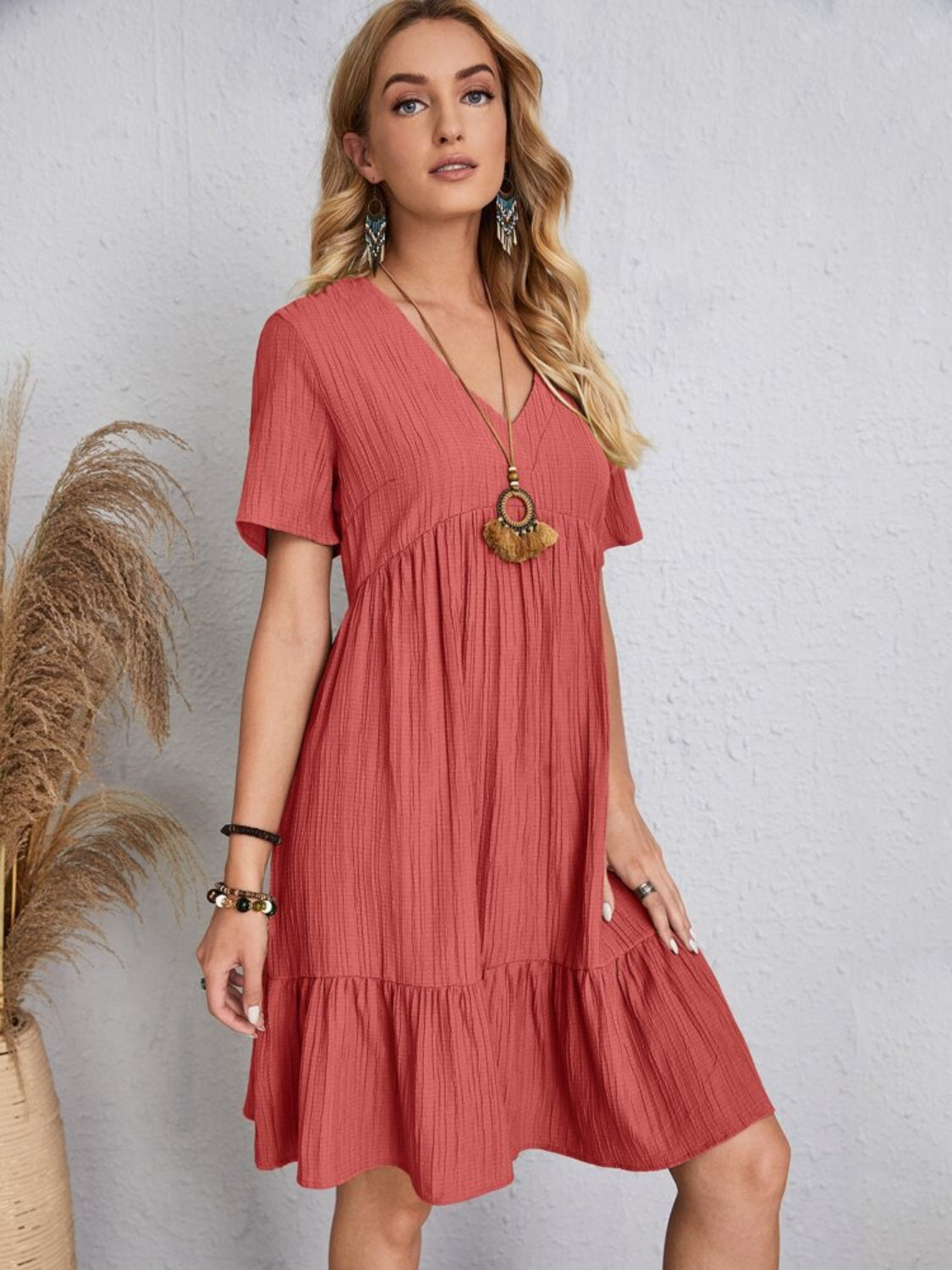 Classic Full Size V-Neck Short Sleeve Dress Casual & Comfortable Dress for Women
