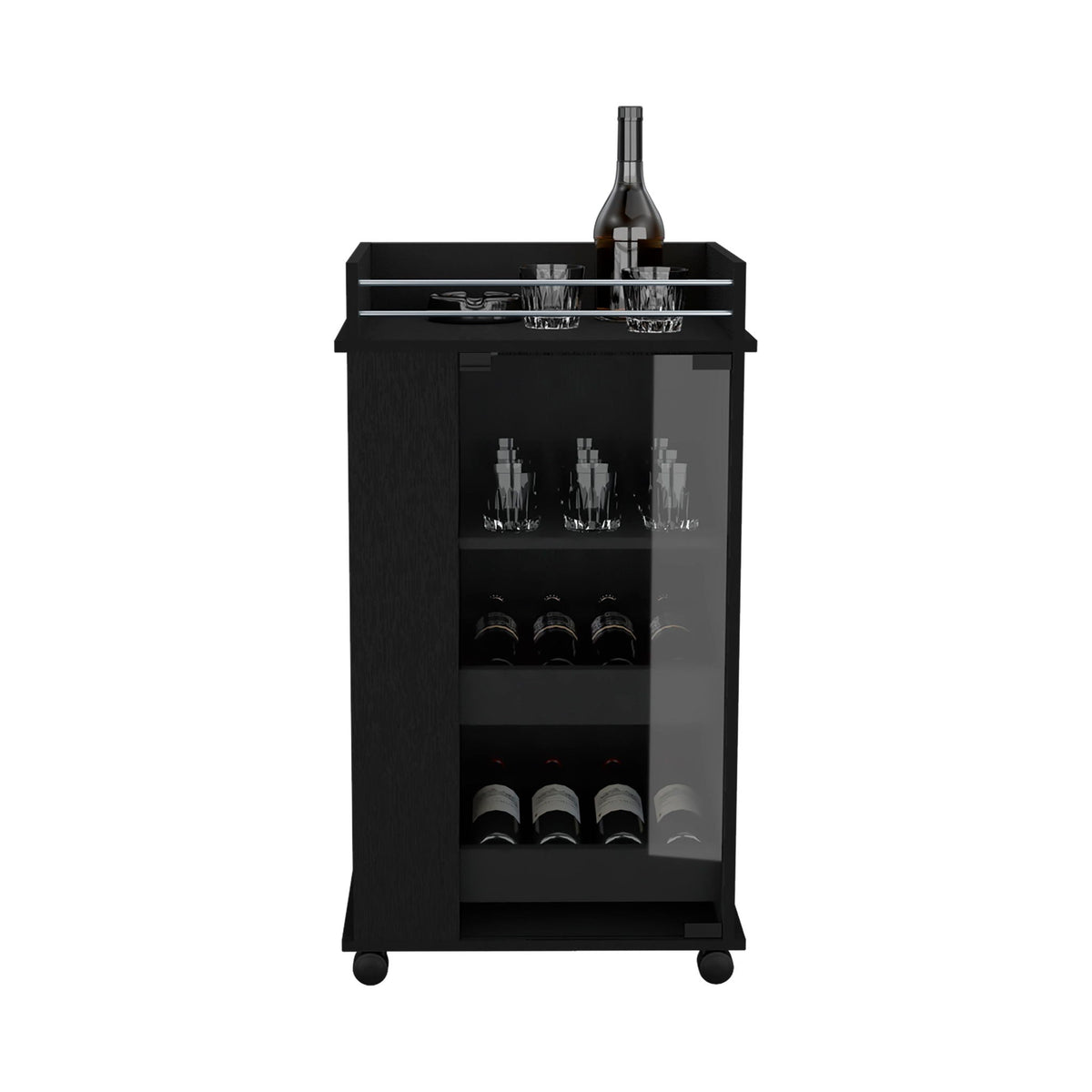 Bar Cart With Glass Door, 2 Side Shelves And Casters - Black