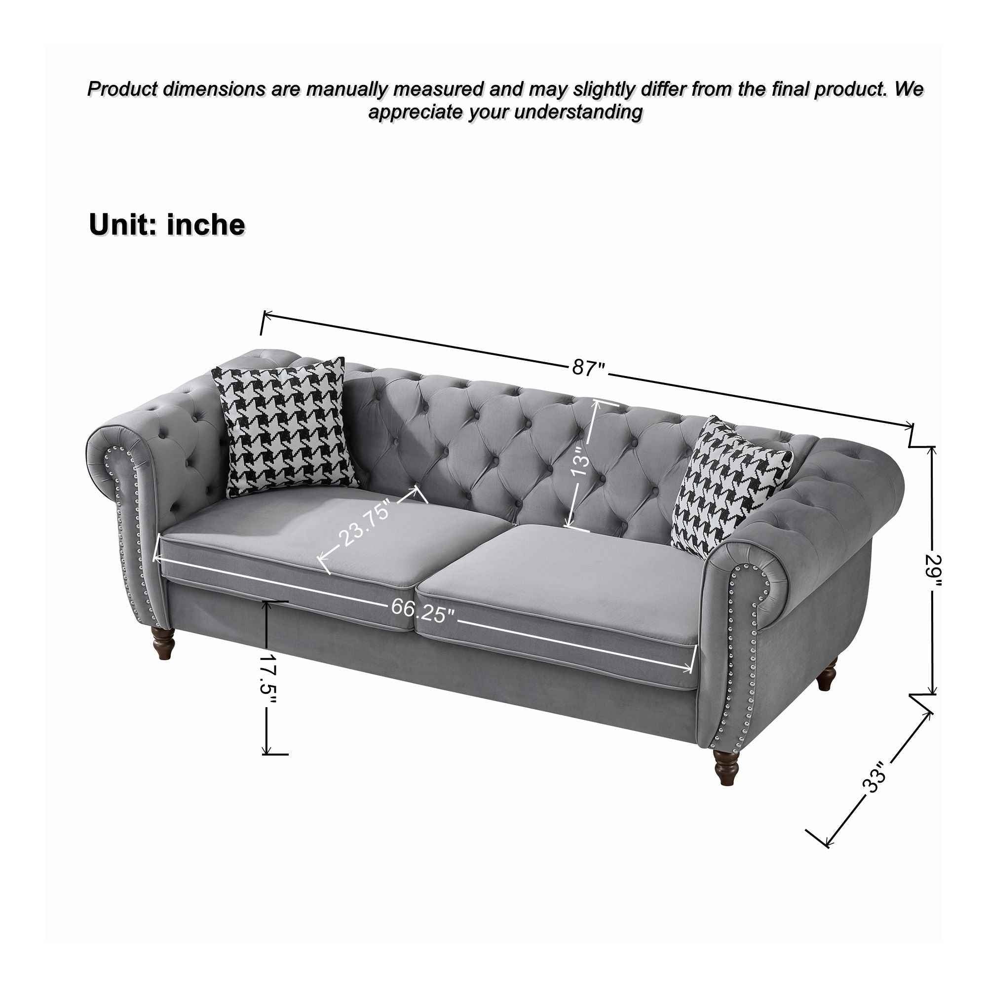 Chesterfield Upholstery Fabric Sofa With Roll Armrest & Nailhead, Mid Century Modern 3 And 3 Seater Couch