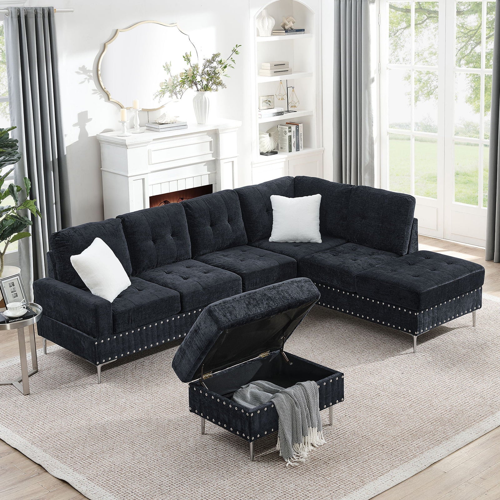 L-Shaped Sectional Sofa With Chaise And Storage Ottoman, Includes 2 Pillows