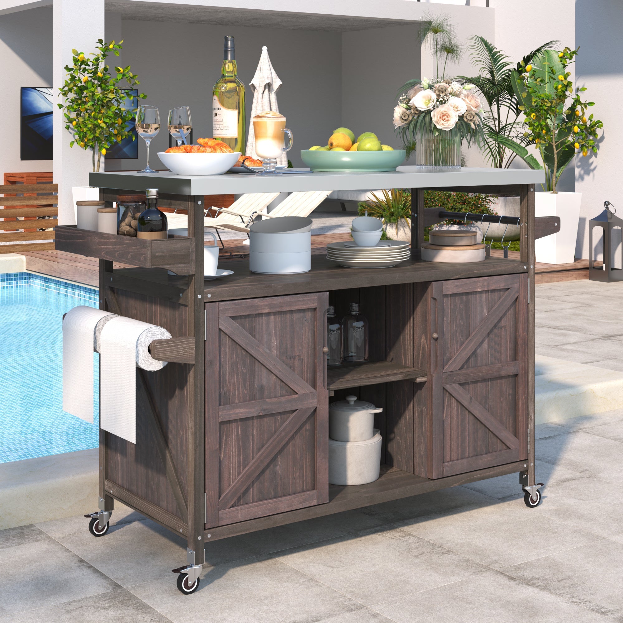 Outdoor Kitchen Island Bar Cart with Stainless Steel Top - Natural Finish