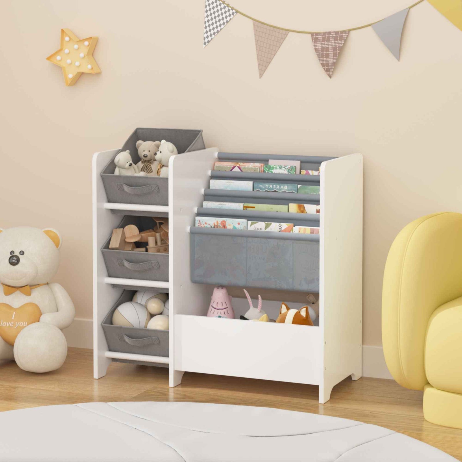 Bookshelf And Toy Storage Organizer, Multifunctional 4 Tier With 3 Collapsible Drawers - White