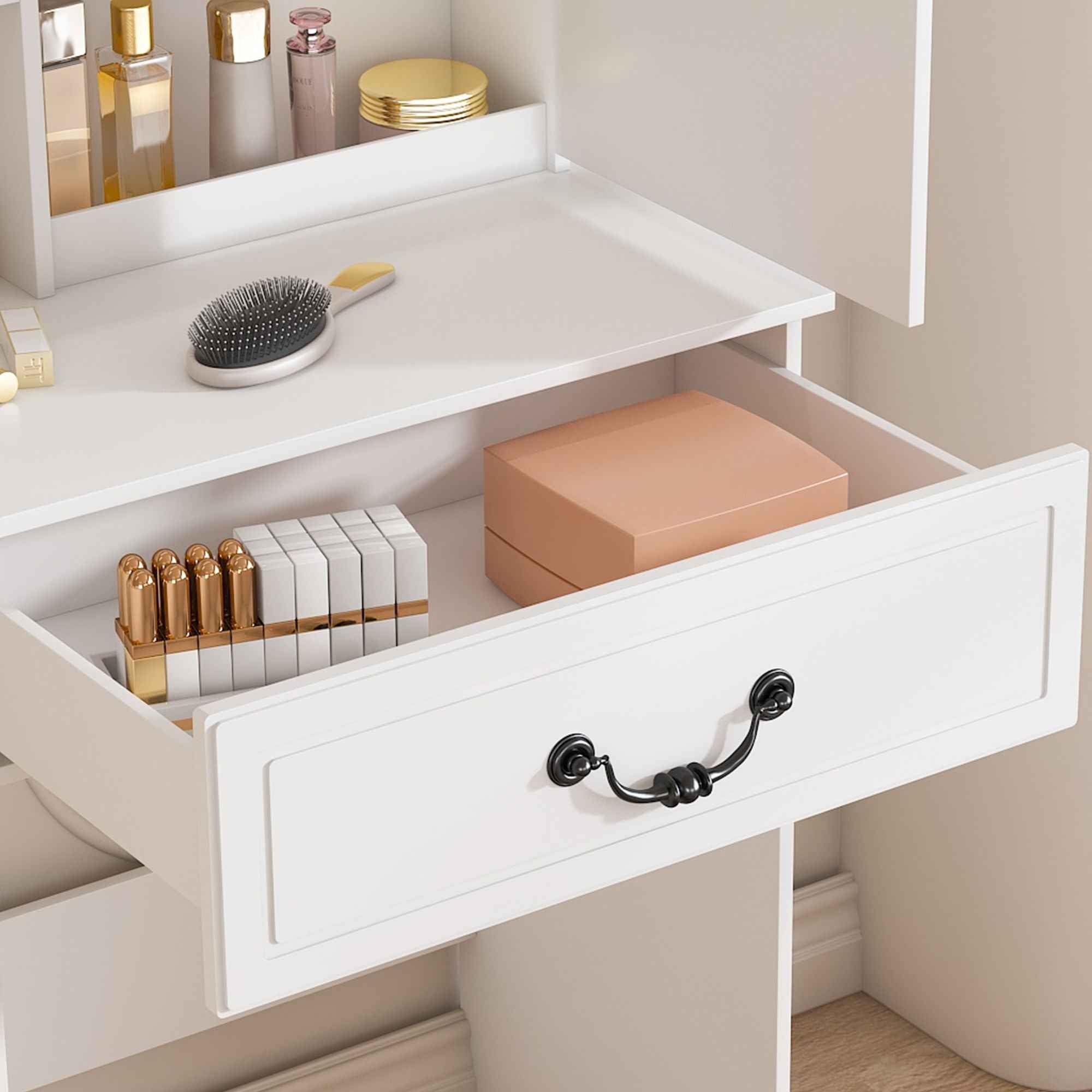 Modern Mini Dressing Table With Led-Lit Mirror & Hidden Storage, Adjustable Brightness Vanity Desk - White