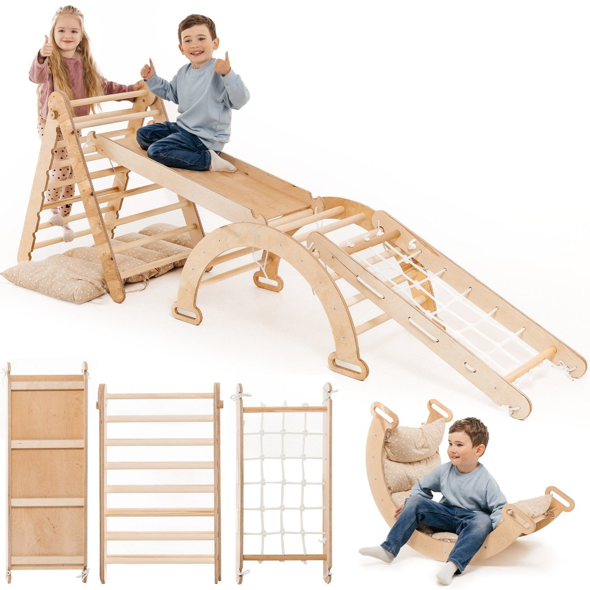 5 in 1 Montessori Climbing Set: Triangle Ladder + Arch/Rocker + Slide Board/Ramp + Netting rope + Cushion