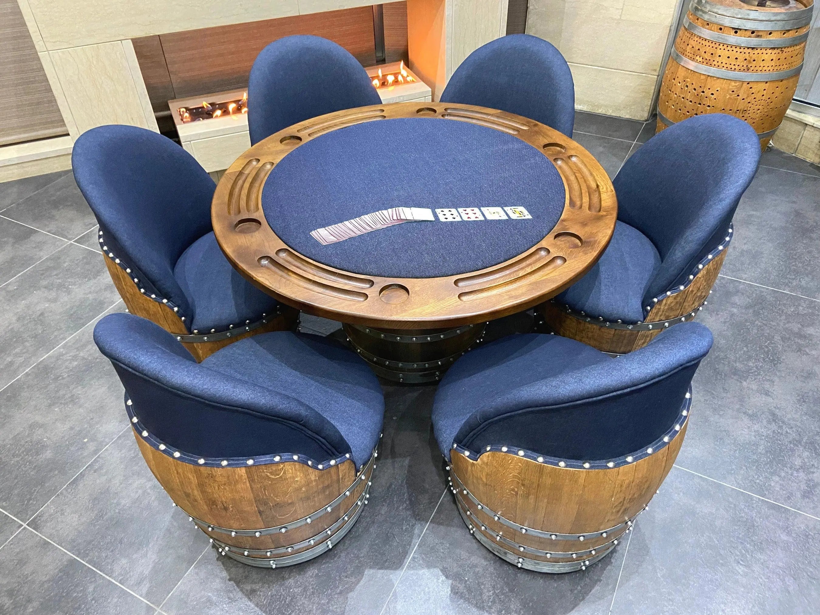Dark Navy Blue Wine Barrel Poker Set with Removable Dining Top - Game Table & Barrel Chair - Wine Barrel Table for Dining and Poker