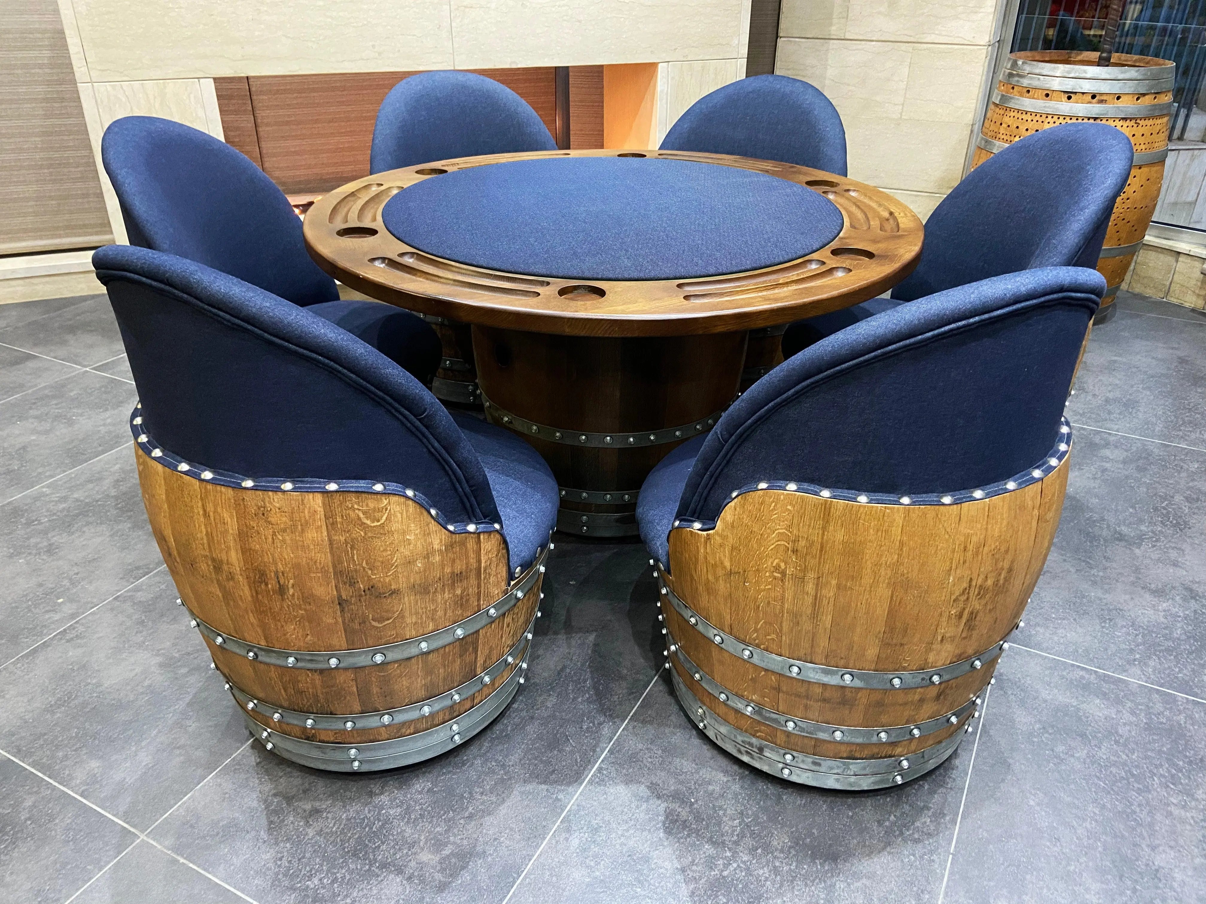 Dark Navy Blue Wine Barrel Poker Set with Removable Dining Top - Game Table & Barrel Chair - Wine Barrel Table for Dining and Poker