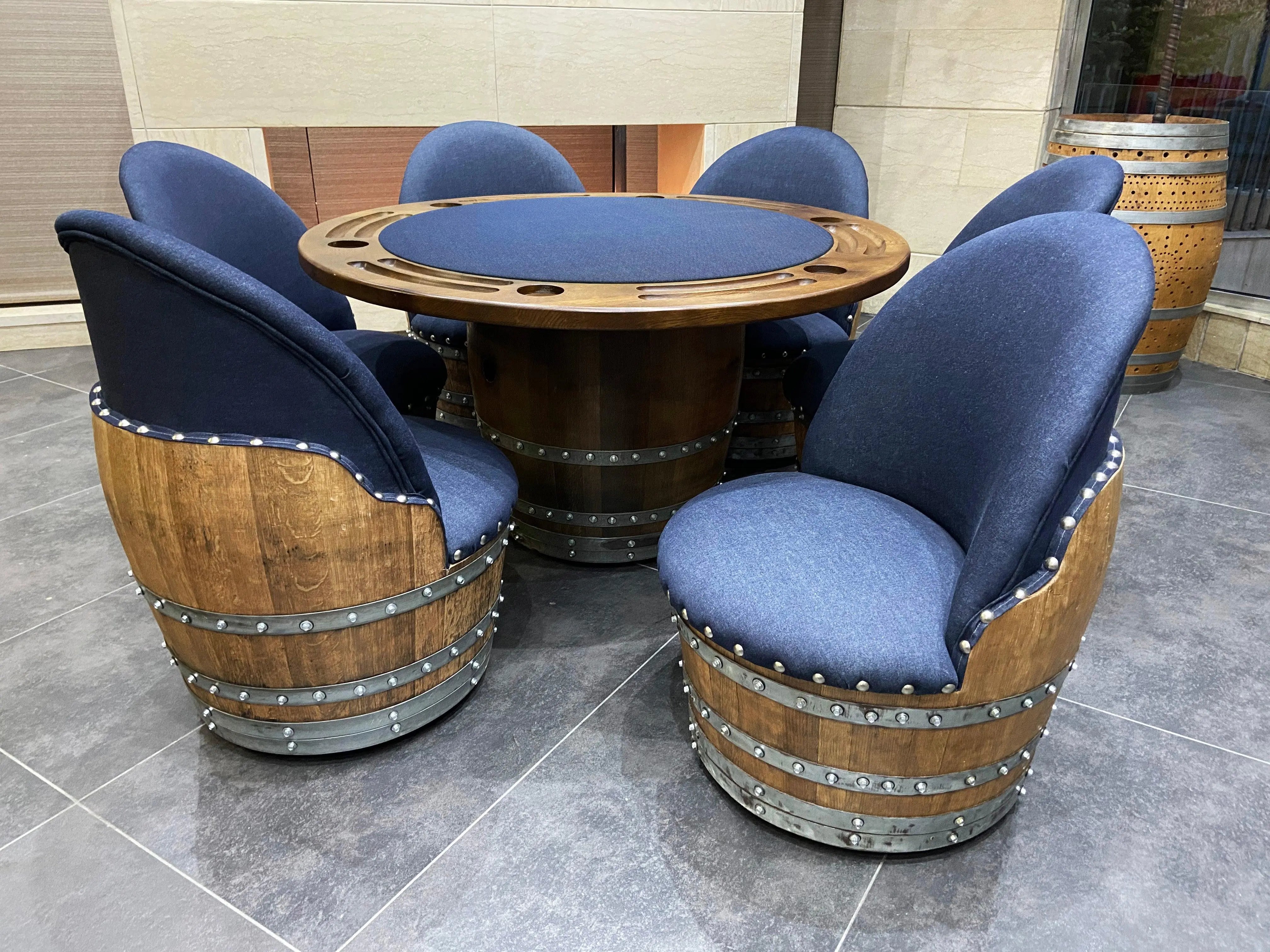 Dark Navy Blue Wine Barrel Poker Set with Removable Dining Top - Game Table & Barrel Chair - Wine Barrel Table for Dining and Poker