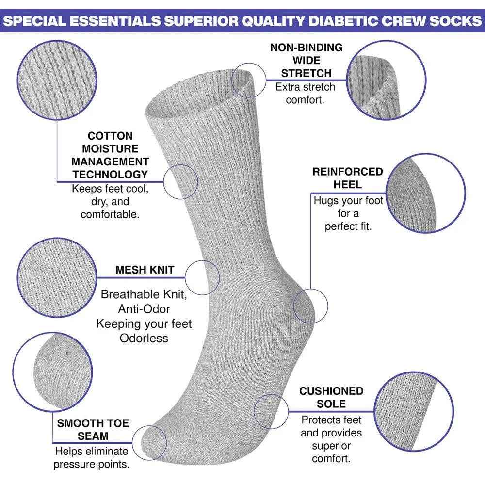 6 Pairs Physicians Approved Diabetic Crew Socks Unisex Black/Grey/White