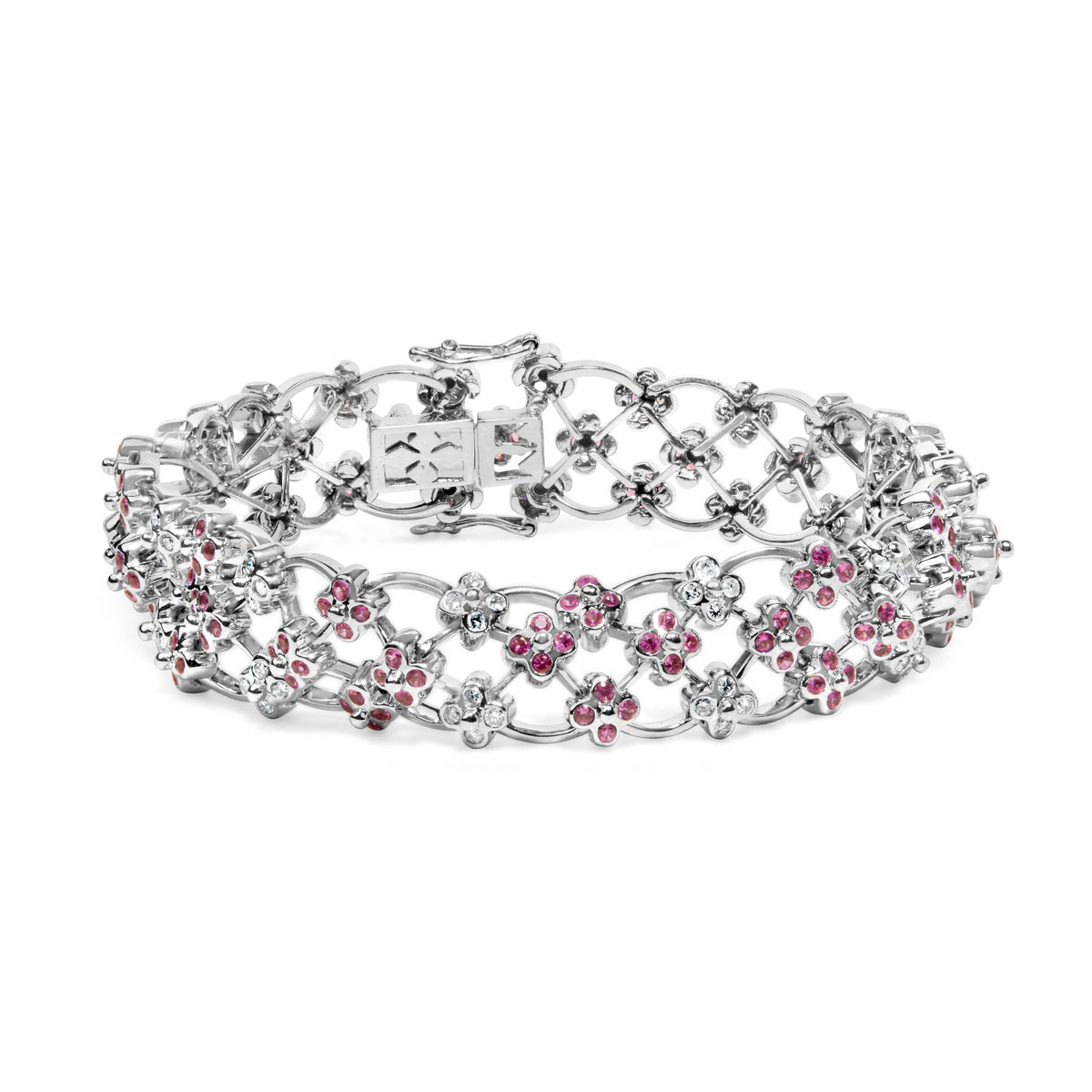 14K White Gold Pink Sapphire and Diamond Floral Lattice Link Bracelet - 7.25