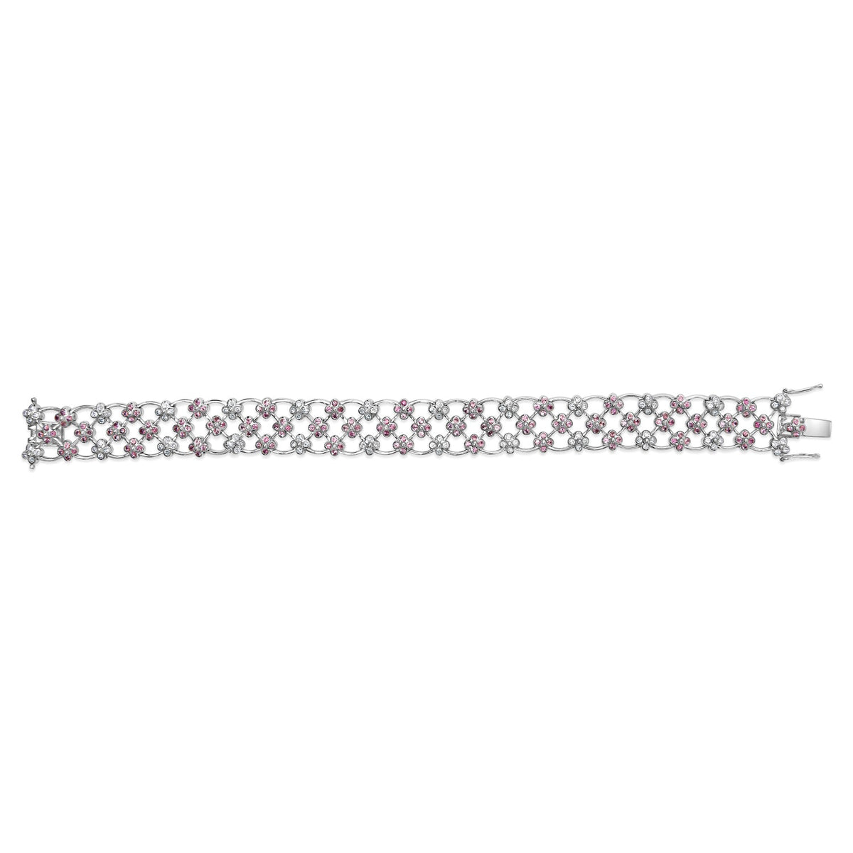14K White Gold Pink Sapphire and Diamond Floral Lattice Link Bracelet - 7.25