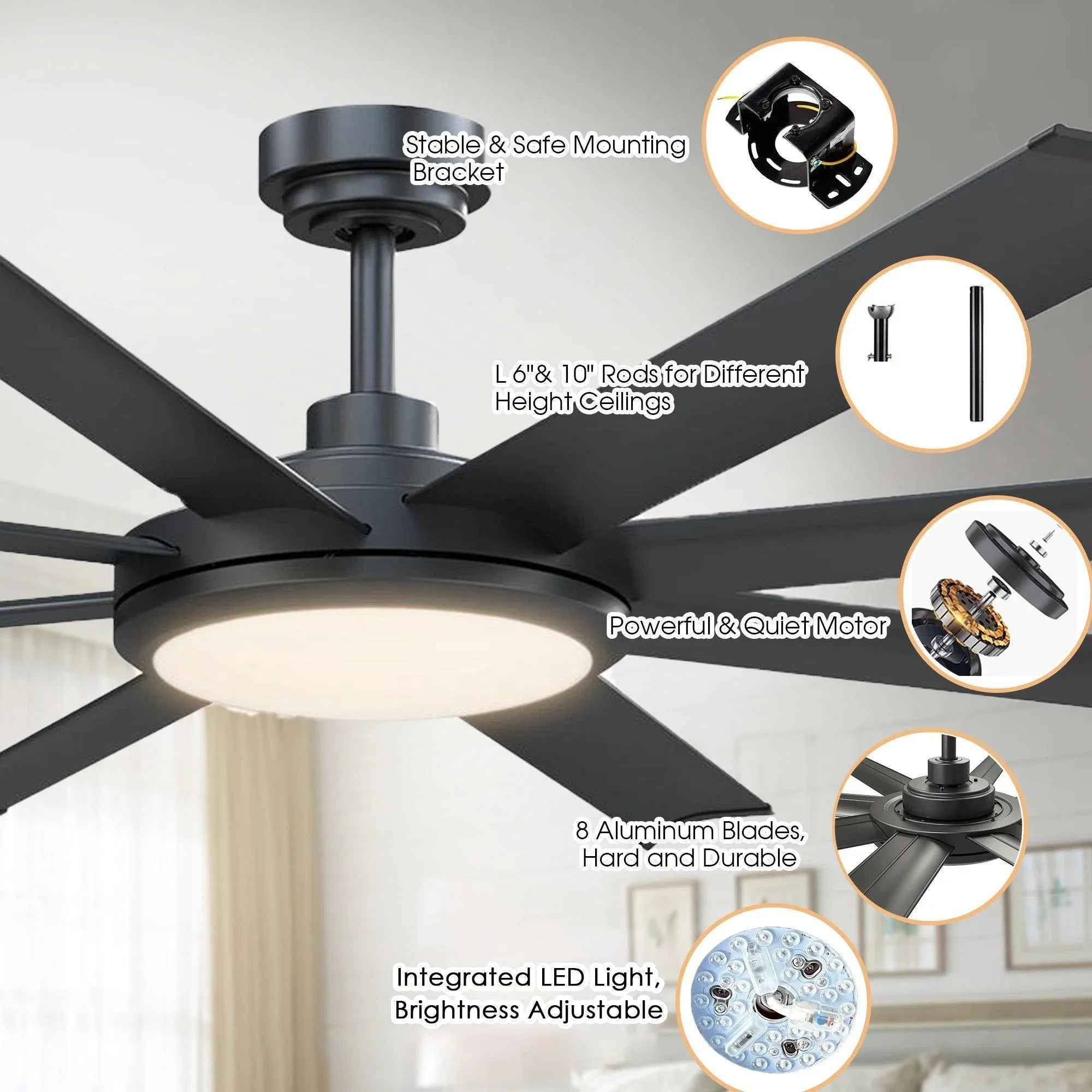 60" Black Led Indoor Ceiling Fan with Remote 8 Blade