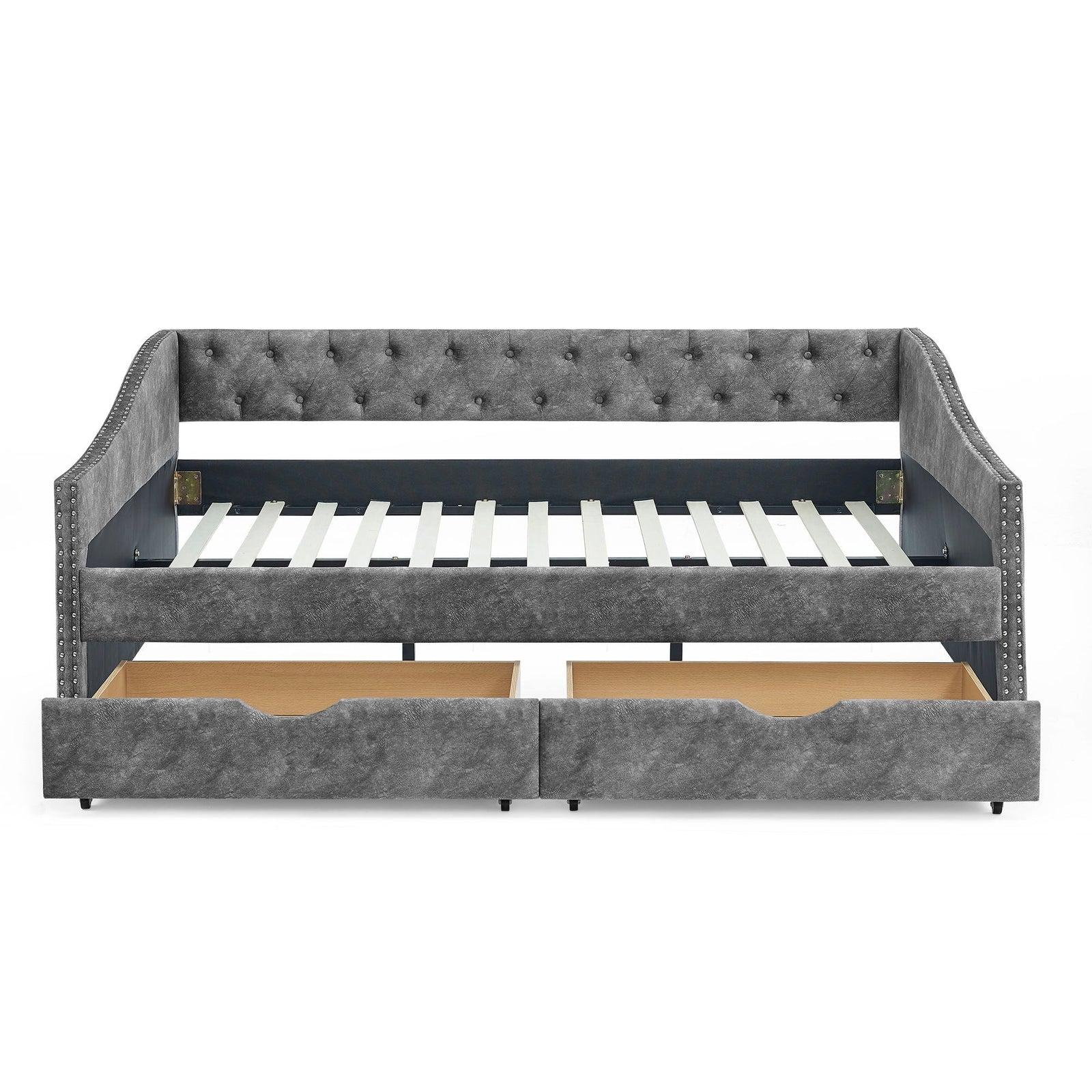 Upholstered Tufted Daybed With Drawers, Waved Arms