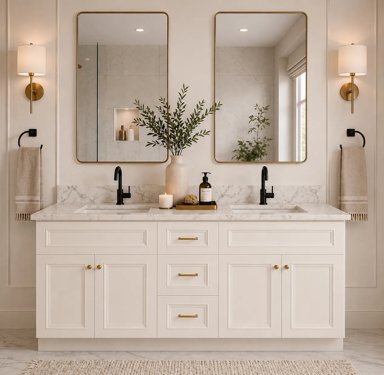 60 Inch Antique White Double Sink Bathroom Vanity Combo w/ Drawers