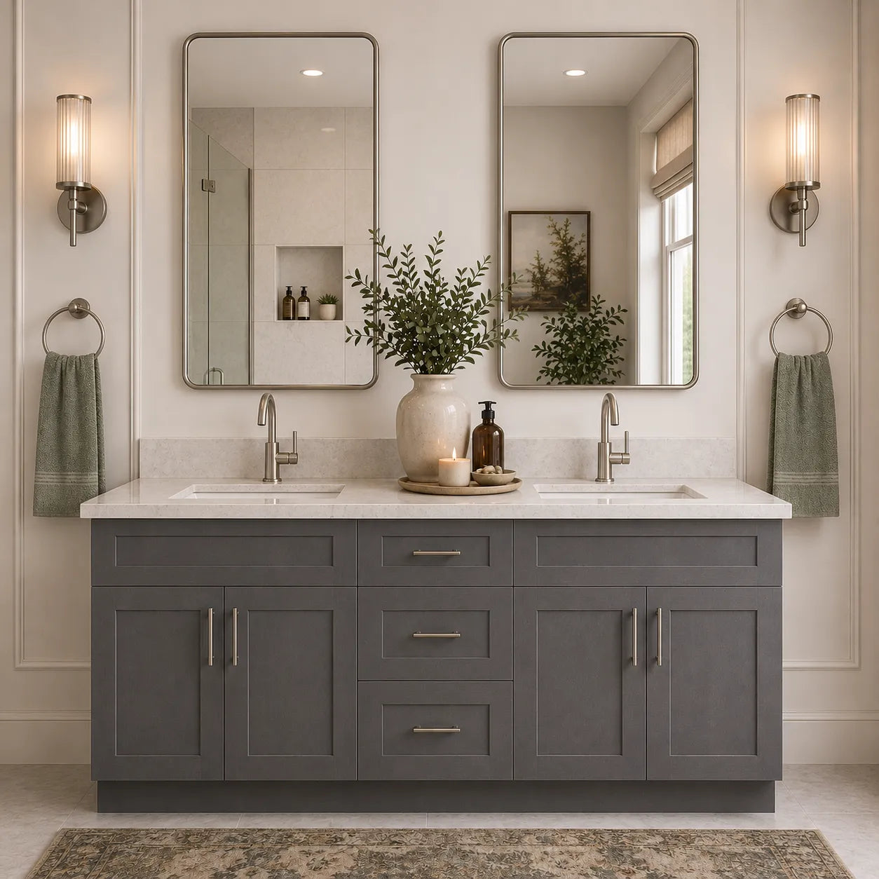 60 Inch Gray Stained Shaker Double Sink Bathroom Vanity with Drawers