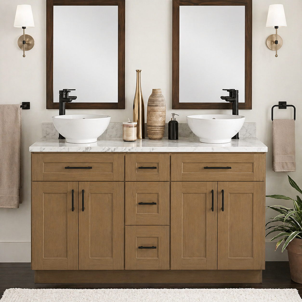 60 Inch Natural Shaker Double Sink Bathroom Vanity with Drawers