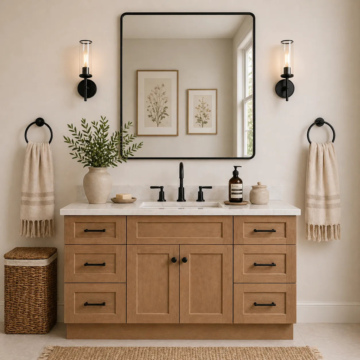 60 Inch Bathroom Vanity With Single Sink, Natural Shaker Vanity, Hardwood Cabinet, Vanity With Drawers, Solid Wood Bathroom Furniture, Farmhouse