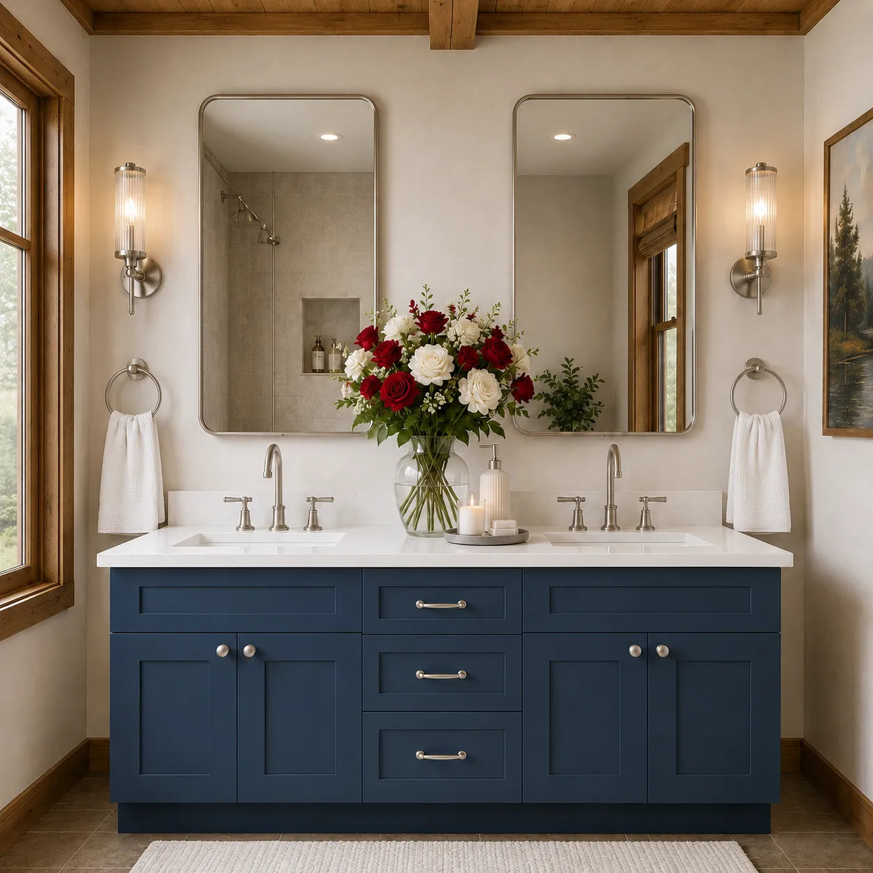 60 Inch Navy Blue Shaker Double Sink Bathroom Vanity with Drawers