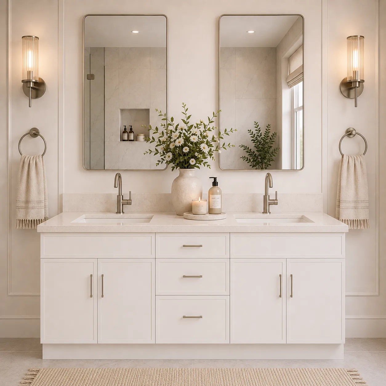 60 Inch White Slim Shaker Double Sink Bathroom Vanity with Drawers