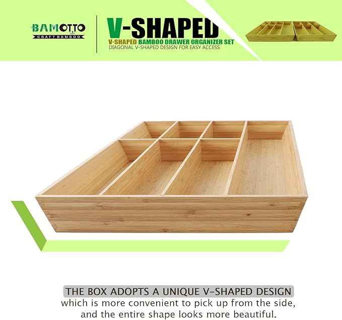 V-Shaped Extra Large Bamboo Drawer Organizer Set of 2, Kitchen Cutlery Tray Utensil Plate, Flatware&Silverware Storage Box, Wood Organizer for Bedroom, Living Room (19.6