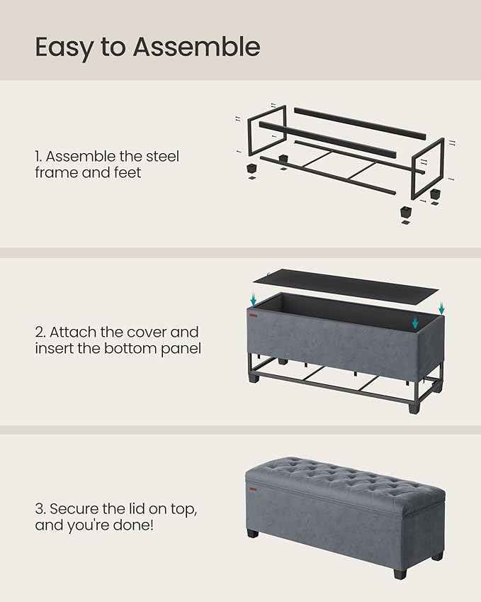 SONGMICS Velvet Storage Ottoman Bench, Foot Rest with Legs, 15.7 x 43 x 15.7 Inches, End of Bed Bench, Storage Chest, Load up to 660 lb, for Living Room, Bedroom, Entryway, Slate Gray ULSF089G01