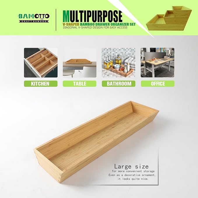 V-Shaped Bamboo Drawer Organizer Set of 3, Kitchen Large and Long Utensil Plate, Flatware & Silverware Storage Box, Wood Drawer Organizer for Bedroom, Living Room (19.6