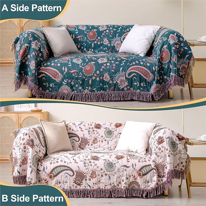Boho Throw Blanket for Bed,100% Ultra Cotton Soft Breathable Bed Throw Floral Printed Farmhouse Decor Rustic Bed Throws for Couch Sofa Quilt White Flowers 60