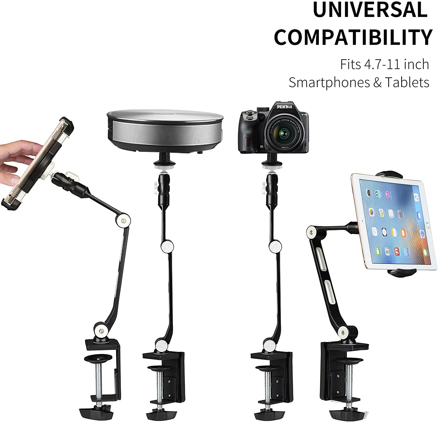 Suptek YF208B Aluminum Alloy Cell Phone Desk Mount Stand 360° Tablet Stand and Holders Adjustable for iPad, iPhone, Samsung, Asus and More 4.7-11 inch Devices, Good for Bed, Kitchen, Office